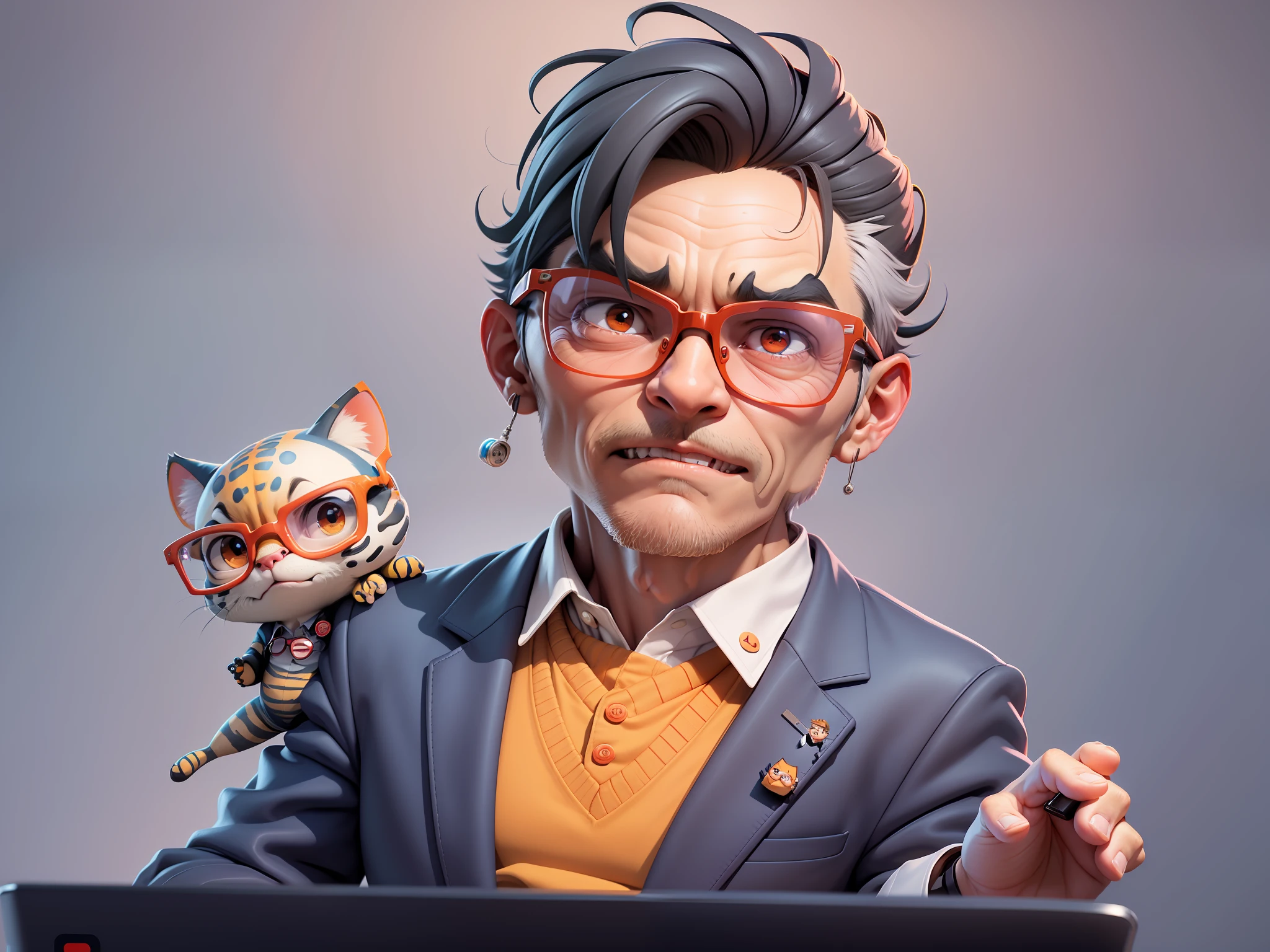 A young man in a suit, Short hair and glasses sat at his desk,holding laptop,digitial painting,tigre,3D character design by Mark Clairen and Pixar and Hayao Miyazaki and Akira Toriyama,4K HD illustration,Very detailed facial features and cartoon-style visuals。