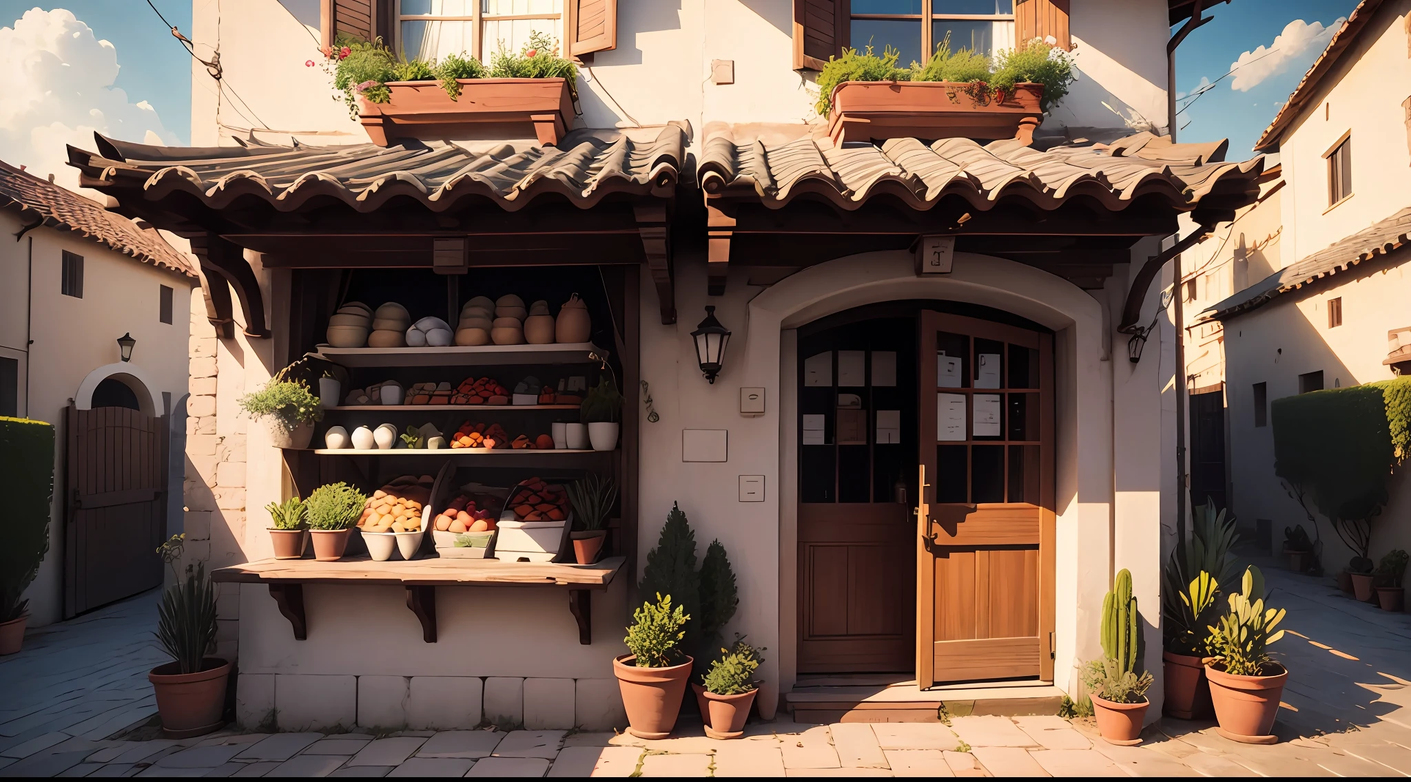 Outside view、Entrance to the brick building、greengrocer、Fruits on store shelves、Western-style room、Italy、Spain、Hanging Sign、in isekai、The door is open and、、unmanned、No humans、no Animal、leisure、Silence、during daytime、hiquality、It was real、Old buildings、Old West、Western Europe、Norse man、No windows、Fade the shadow、Low contrast、Weak sunlight、14th century、medieval times、Weak shade、Cloudy weather、oud