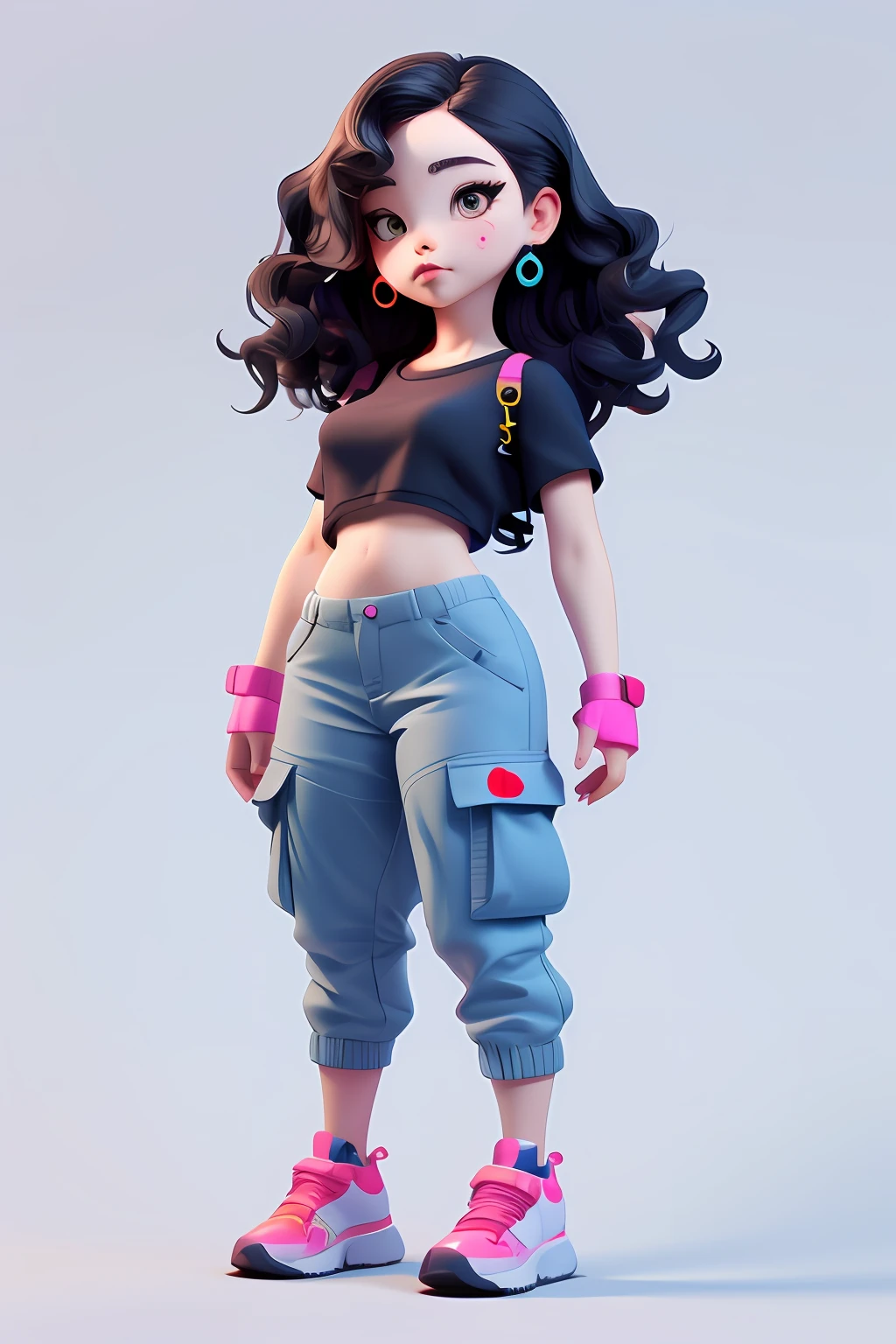 3dcharacter,chubby girl , wavy colorful hair, wearing earrings, crop top , long cargo pants, (full body:1.2),simple background, masterpiece,best quality,(white background:1.1)