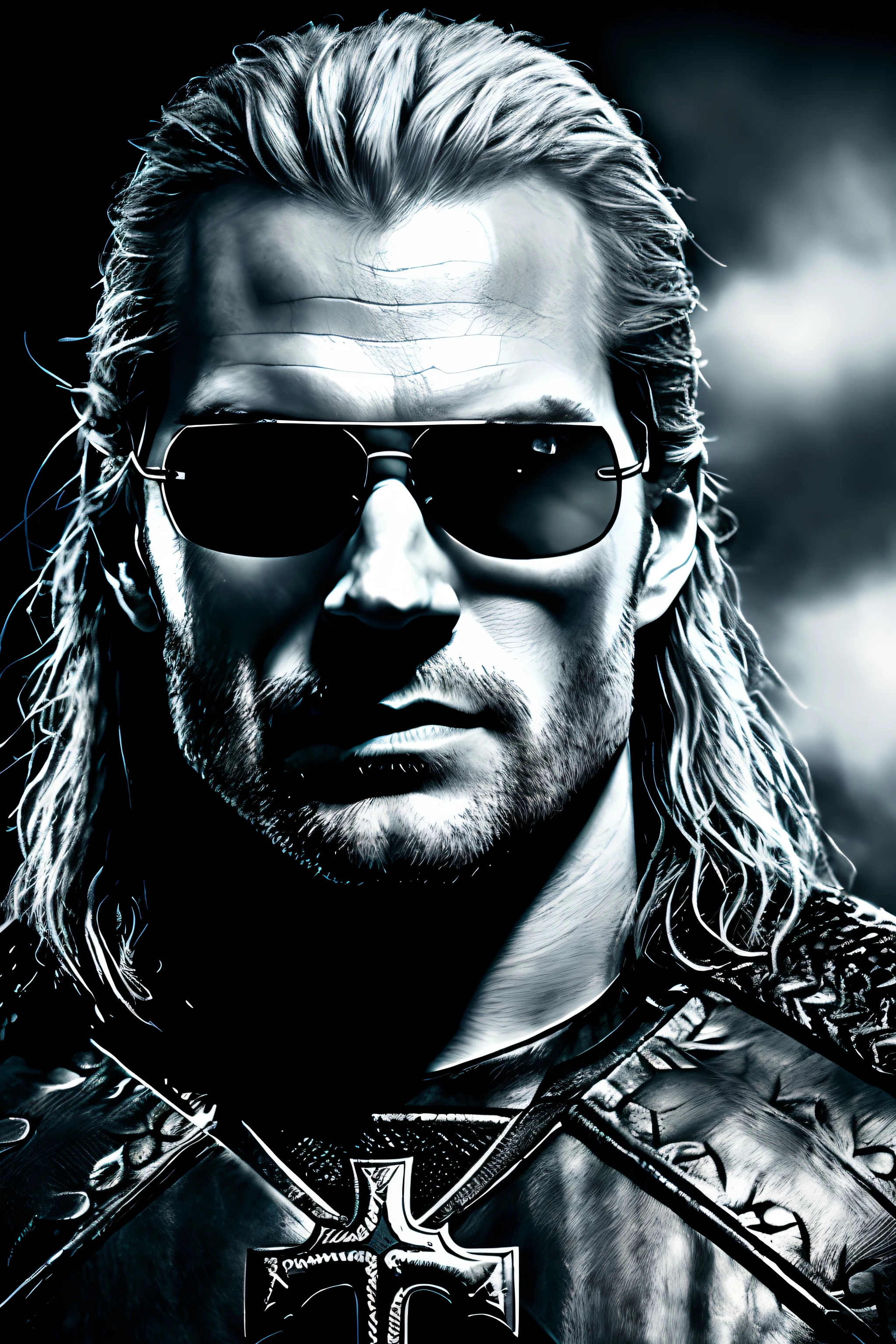 (extremely detailed, best quality) portrait, Henry Cavill as Geralt de Rivia from The Witcher,
(piercing eyes:1.2, chiselled features:1.1), dramatic lighting in the shape of a cross, dark background,
close-up, intense expression.wearing deal with it sunglasses