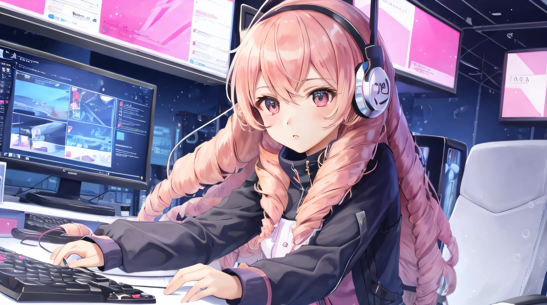 maribelle fe, masterpiece, ultra high quality cg, best quality, girl solo, long hair, gaming platform, gaming pc, pink theme room, gaming keyboard, gaming headphone, gaming console, bubble gum