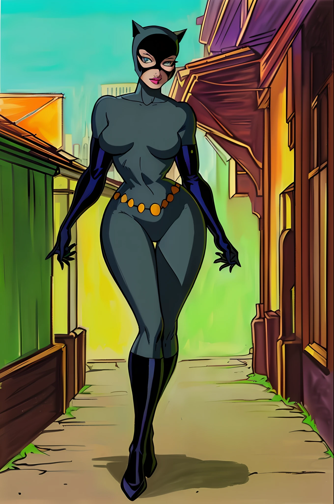 masterpiece, best quality, highres, highest quality, absurdres, catwoman, traditional media, (painting \(medium\)), sharp expressive green eyes, perfect face, wide hips, bodysuit, thick lineart, atmospheric lighting, smooth, beautifully detailed city background, cinematic composition, Joe Madureira