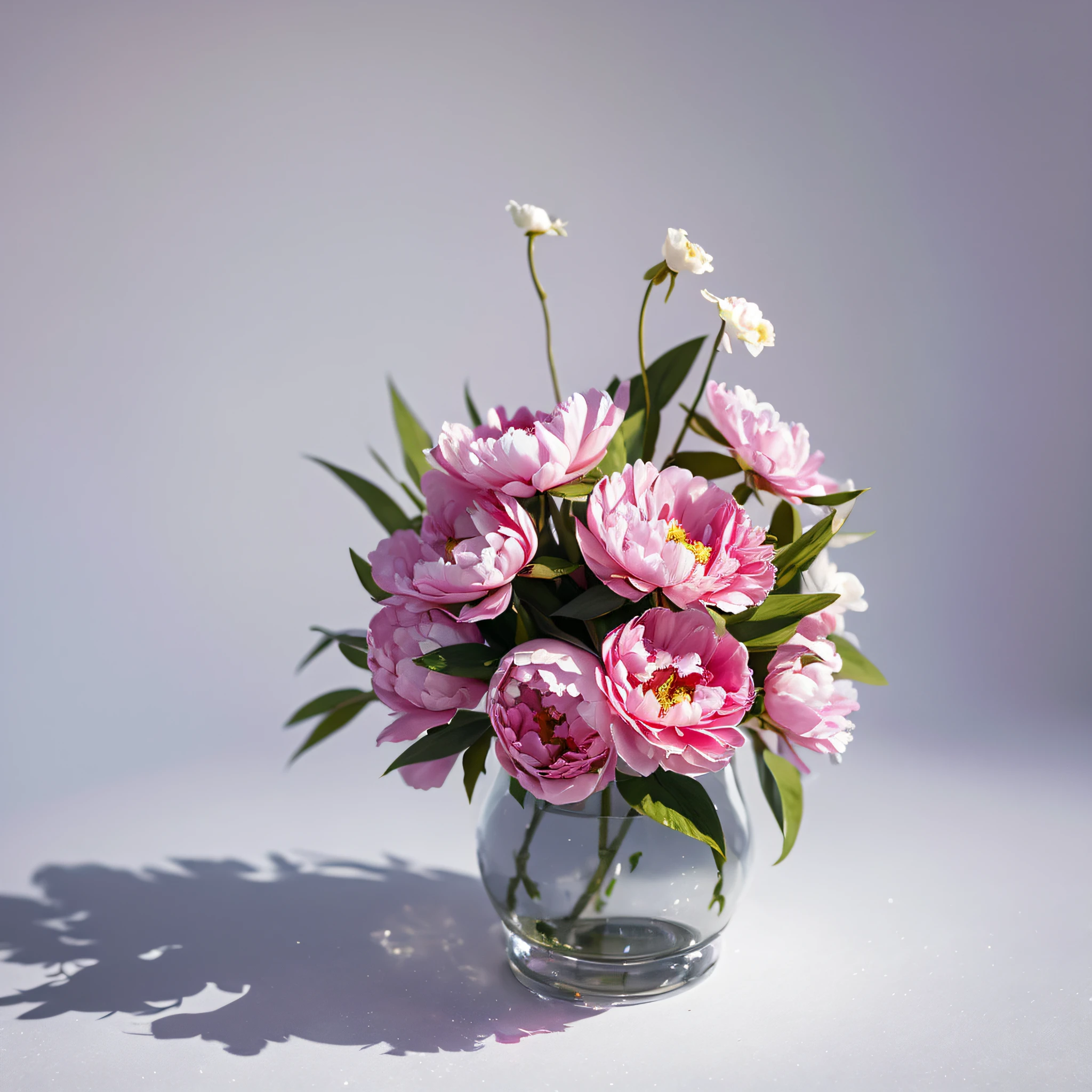On the table there is a vase with pink flowers, in a short round glass vase, peony flowers, vase with flowers, pink flowers, sunny morning light, beautiful sunny day