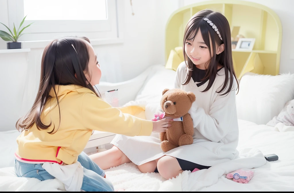 There are two girls sitting on bed playing with teddy bears, Children, Photograph Taken on Nikon D750, Photo taken with Nikon D 7 5 0, holding a teddy bear, Kids playing, kid, girl, photo taken with sony a7r, kids, Playing, Young Asian Girl, Heartwarming, having a good time, half image, toy commercial photo