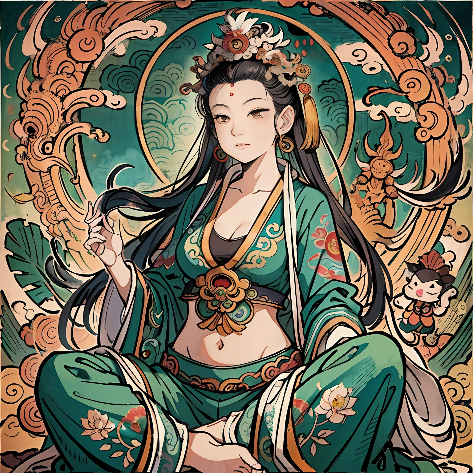 an ancient Chinese goddess, guanyin of the southern seas, Guanyin, Inspired by India, Avalokiteshvara rides a phoenix，,Serene expression,shui mo hua,Buddha,Buddhist,Lotus,Chinese painting style,Thangka style