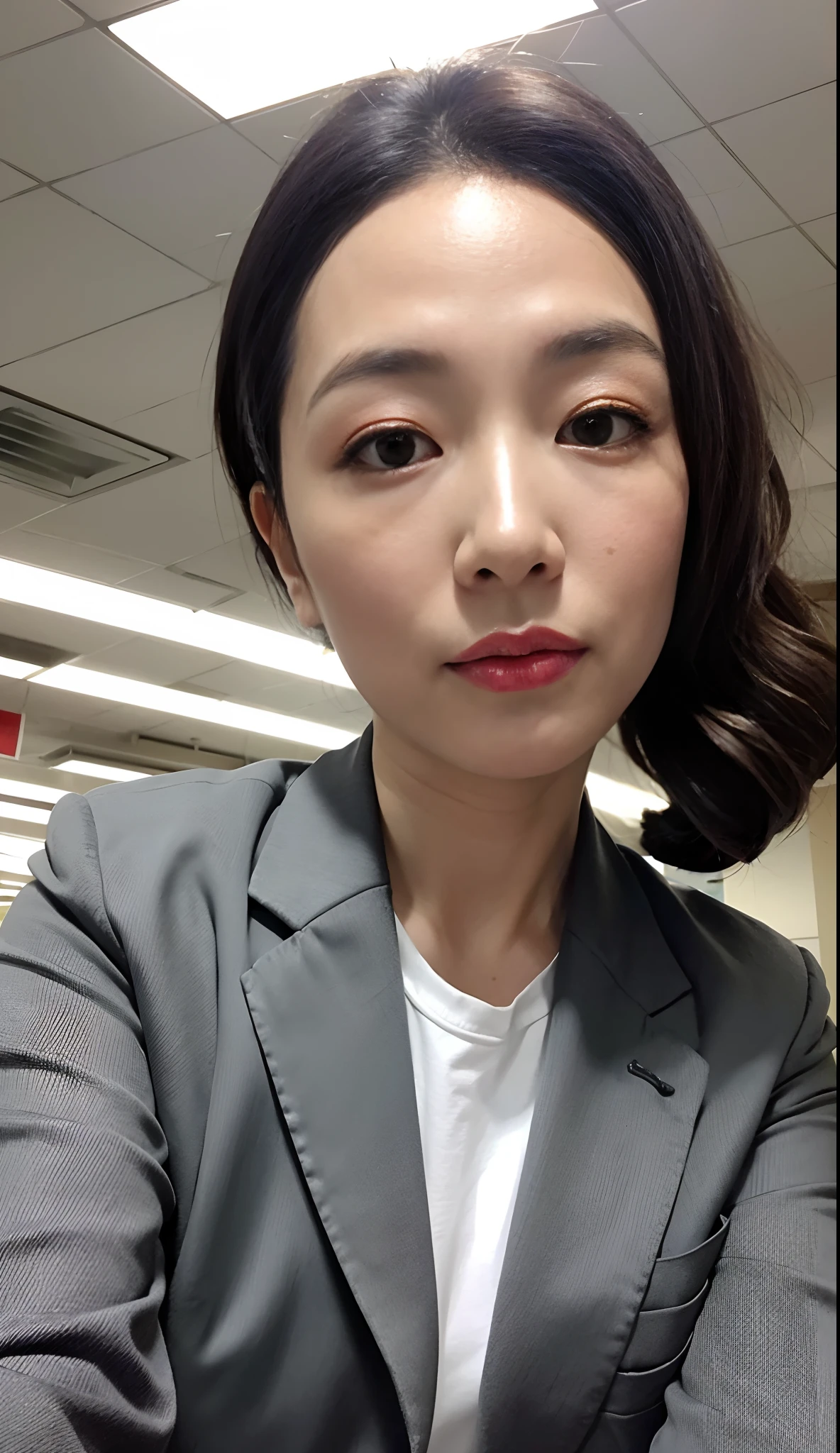 masterpiece,best quality, (1 milf), ((close up:0.5)), ((cross arms)), glare, gray blazer, white shirt, double eyelid, eyelash, lip gloss, (suspicion face:1), ((close eyes:0.85)), ((Looking at Viewer)), RAW, (from below:1), ((nobody)), office,