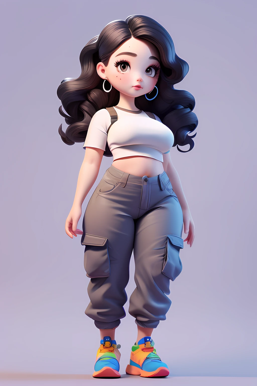 3dcharacter,chubby girl , squishy cheeks, wavy colorful hair, wearing earrings, crop top , long cargo pants, (full body:1.2),simple background, masterpiece,best quality,(white background:1.1)
