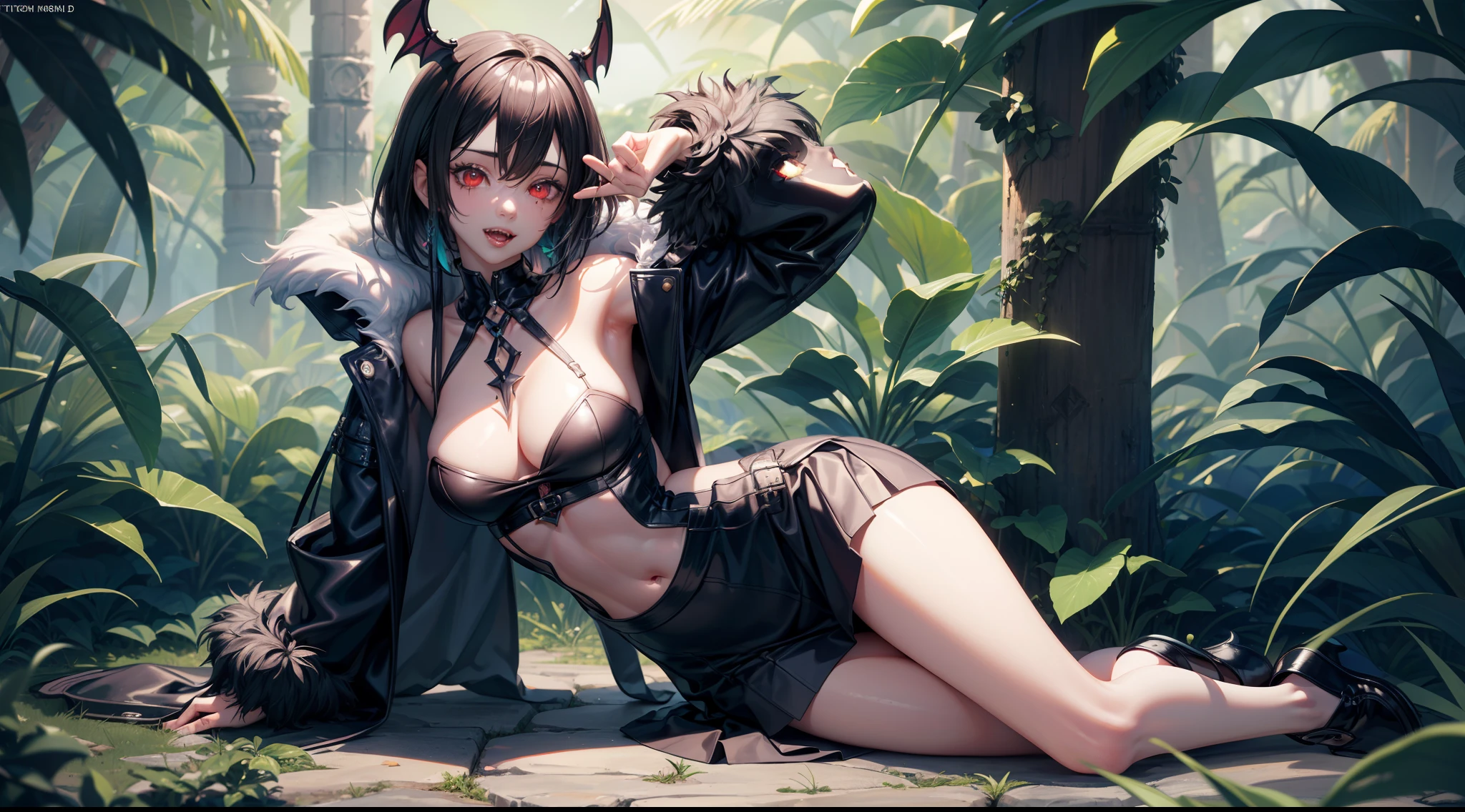 realistic photo of slaved (savage, tribal, jungle)_vampire [white hair|black hair], bat fur, coat|wings, ((fangs)), colorful extremely_detailed_(tribal, jungle)_tight_(lacy, leather, fur, silk, satin, latex)_(clothing, skirt), high collar, detailed face, detailed beautiful shiny red eyes, slit pupils, (((seductive laying))), metallic reflections, ((tatooed, marked)_with_shining_runes)_fit_muscular_body, shiny skin, tropical city ruins fog, (((1girl))), portrait, (full body), natural breasts, medium length white hair, masterpiece, best quality, beautiful and aesthetic:1.2, fractal art:1.4, 16K, HDR, RTX, Ray Tracing, Radiosity, Anisotropic Filtering, Subsurface Scattering