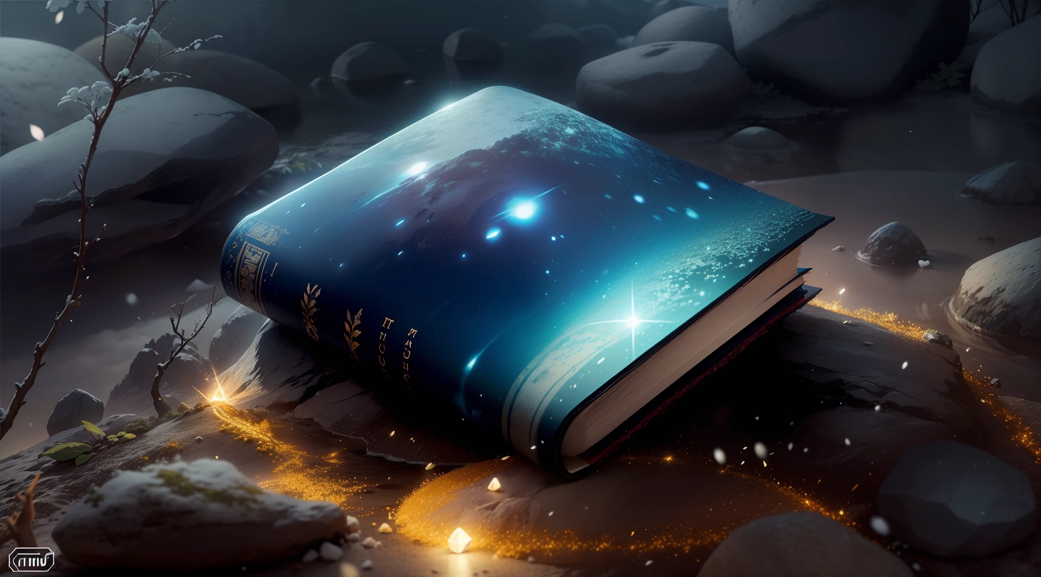 Criar um livro brilhando abaixo de uma grande pedra no meio da floresta, floresta de neve, clima noturno e escuro, de noite, livro brilhando em baixo de uma pedra, melhor qualidade, realista, ultra HD.