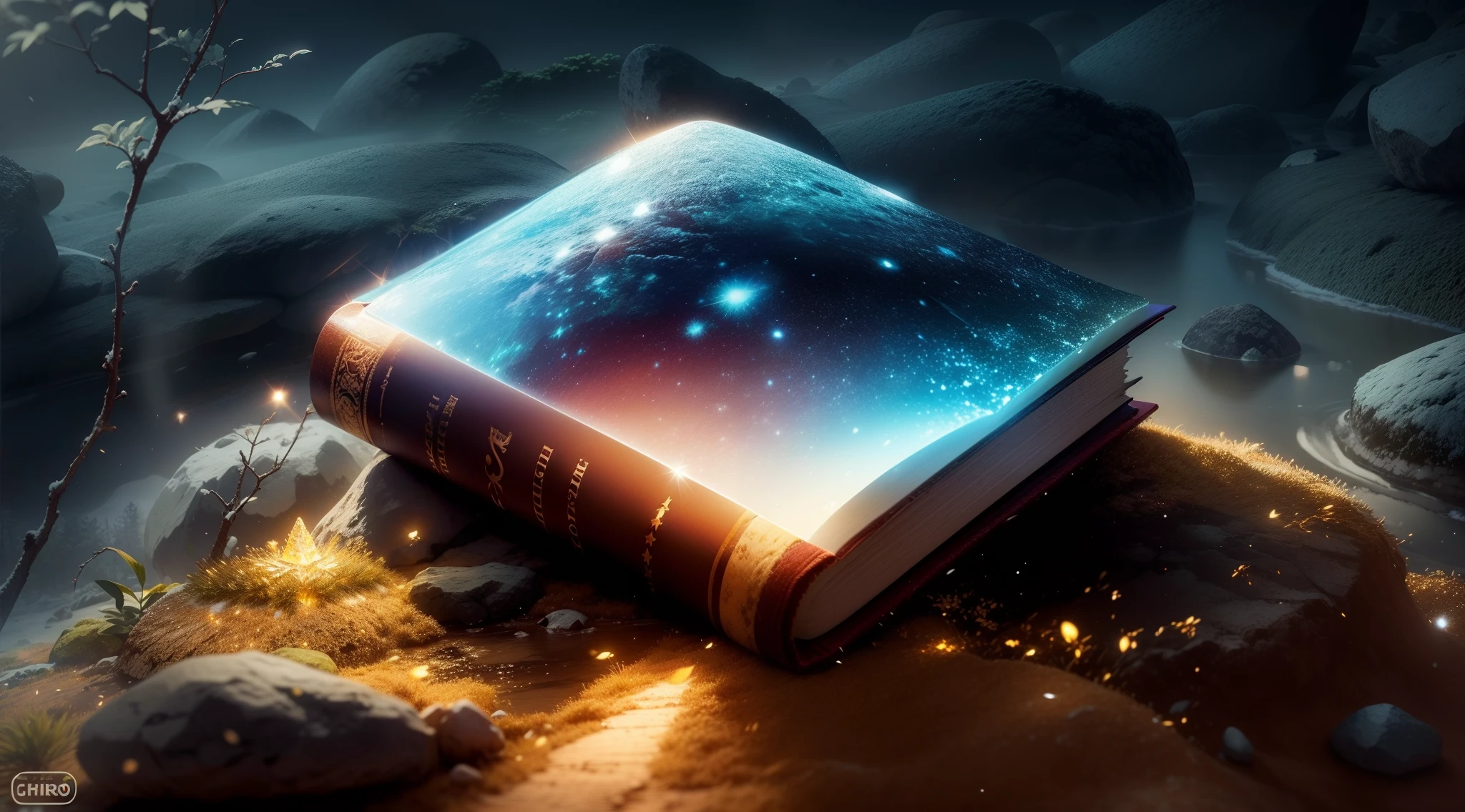 Criar um livro brilhando abaixo de uma grande pedra no meio da floresta, floresta de neve, clima noturno e escuro, de noite, livro brilhando em baixo de uma pedra, melhor qualidade, realista, ultra HD.