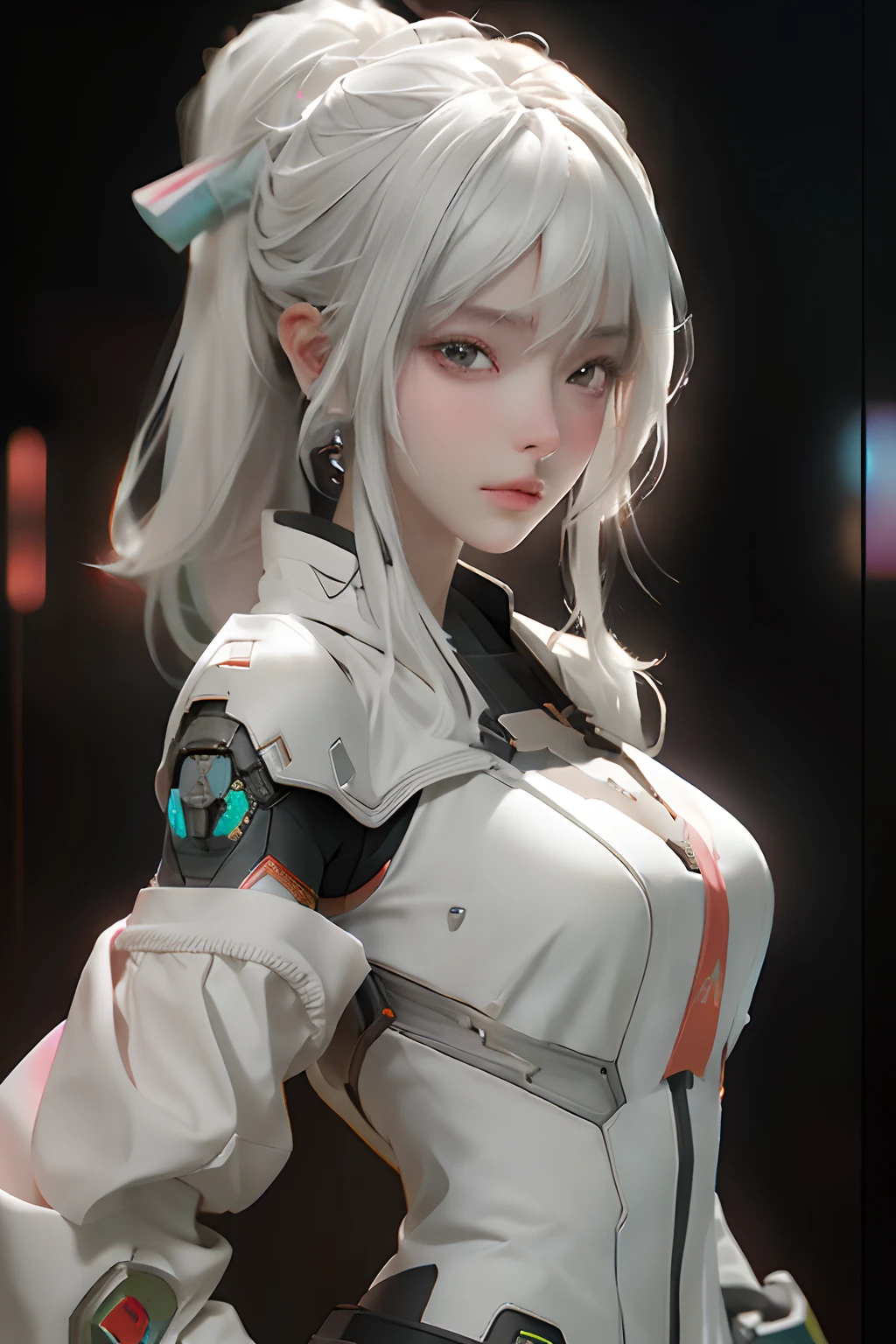 ((best qualtiy)), ((tmasterpiece)), (the detail:1.4), 3D,( A beautiful cyberpunk female image),hdr(HighDynamicRange),Ray traching,NVIDIA RTX,Hyper-Resolution,Unreal 5,Subsurface scattering、PBR Texture、post-proces、Anisotropy Filtering、depth of fields、maximum definition and sharpness、Many-Layer Textures、Albedo e mapas Speculares、Surface coloring、Accurate simulation of light-material interactions、perfectly proportions、rendering by octane、Two-colored light、largeaperture、Low ISO、White balance、the rule of thirds、8K raw data、White color hair,full bodyesbian