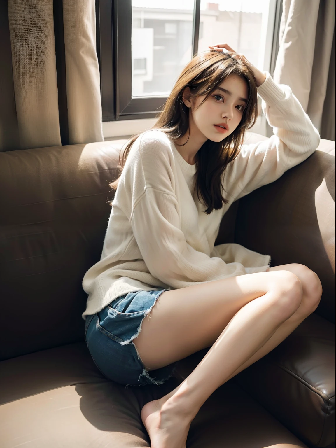 1girll,Sit on a comfortable sofa,hair messy,Disheveled clothes,Spread the legs frontally,Soft light