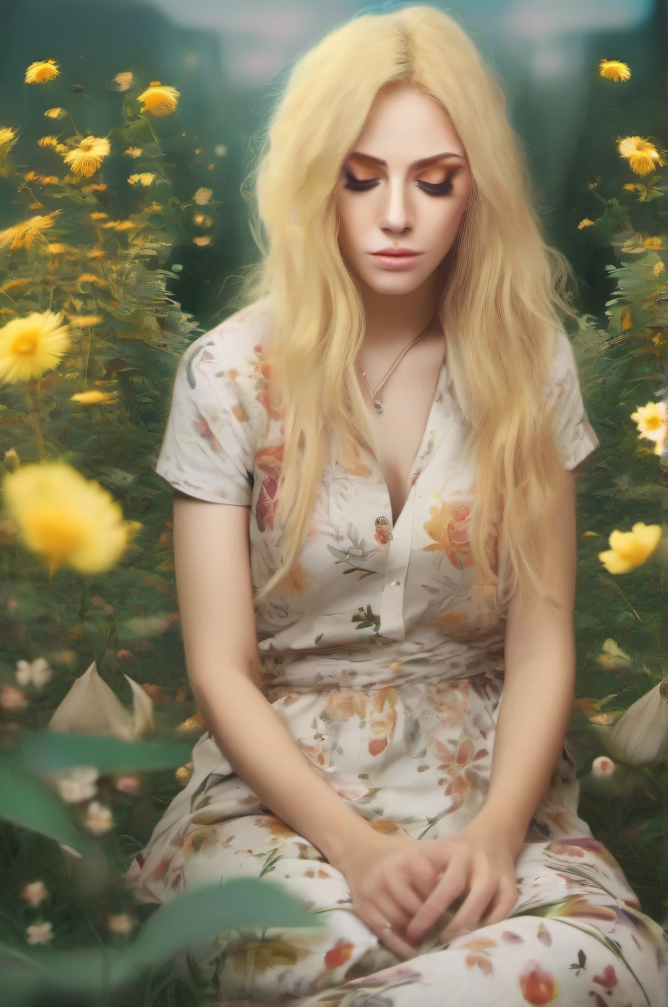 The woman, yellow hair strokes, hairlong, Wavy Hair, red eyes, Beige t-shirt with a flower,
Khaki floral suit, Tears, (sitting on knees), looking a viewer,
(Flower glade, flying flowers, Flying objects, ((bokeh)), surrealism,
((Blur)), (((Old photo effect))), Perfect symmetrical eyes, Gorgeous face