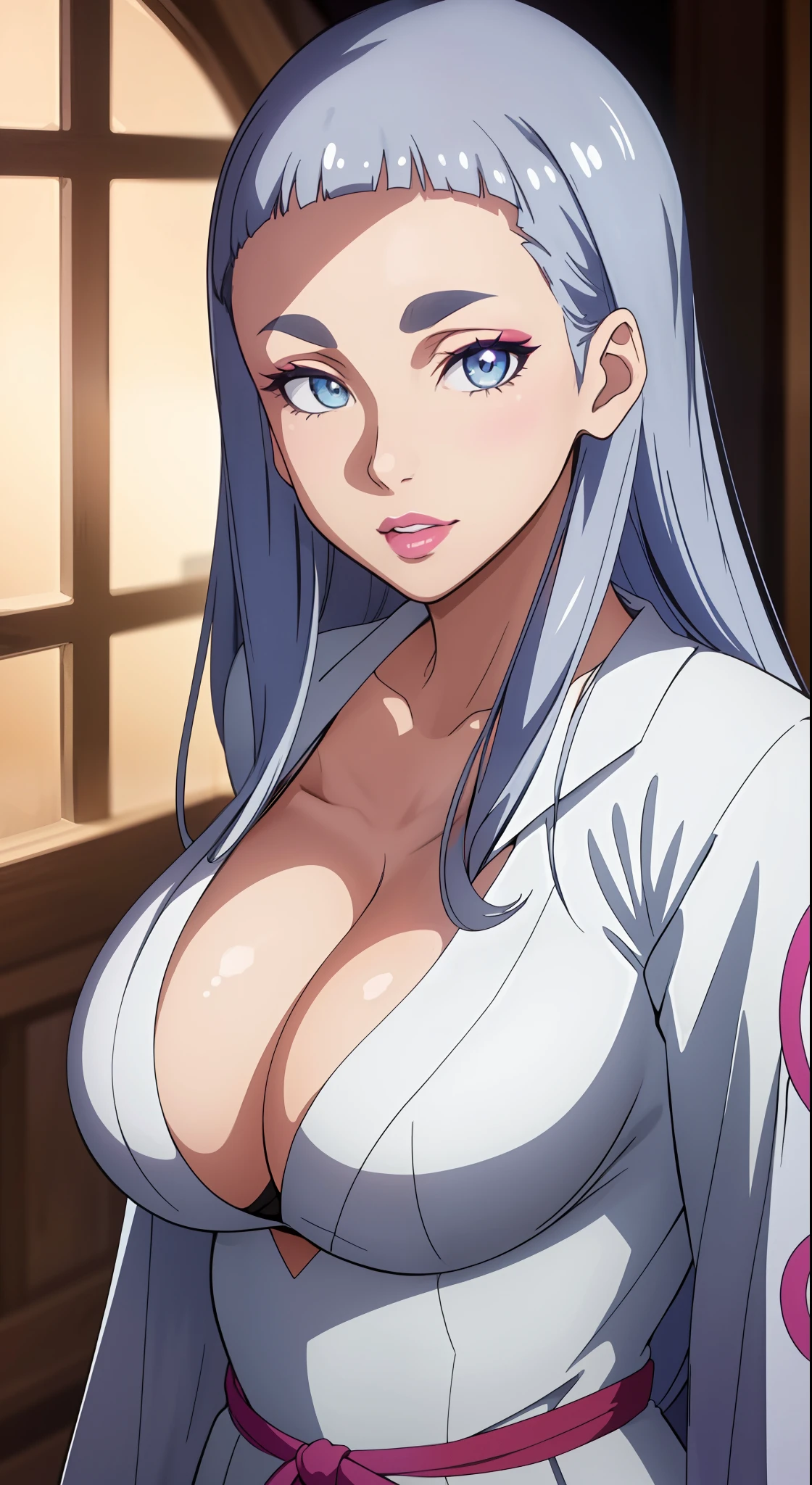 professional artwork, Intricate Details, field of view, sharp focus, detailed painting, photorealistic lighting, trending on pixiv, Standing at attention, ((huge breasts:1,3)), revealed skin, cleavage, formal clothes, shiny clothes, Beautiful body,Beautiful Nose,Beautiful character design, perfect eyes, perfect face, looking at viewer, NSFW,official art,extremely detailed CG unity 8k wallpaper, perfect lighting,Colorful, Bright_Front_face_Lighting, (masterpiece:1.0),(best_quality:1.0), ultra high res,4K,ultra-detailed, photography, 8K, HDR, highres, absurdres:1.2, Kodak portra 400, film grain, blurry background, bokeh:1.2, lens flare, (vibrant_color:1.2), shikkoku_yorihime, (seductive look, flirting, sexy), ((looking at viewer, front body pose)), lipstick, makeup,