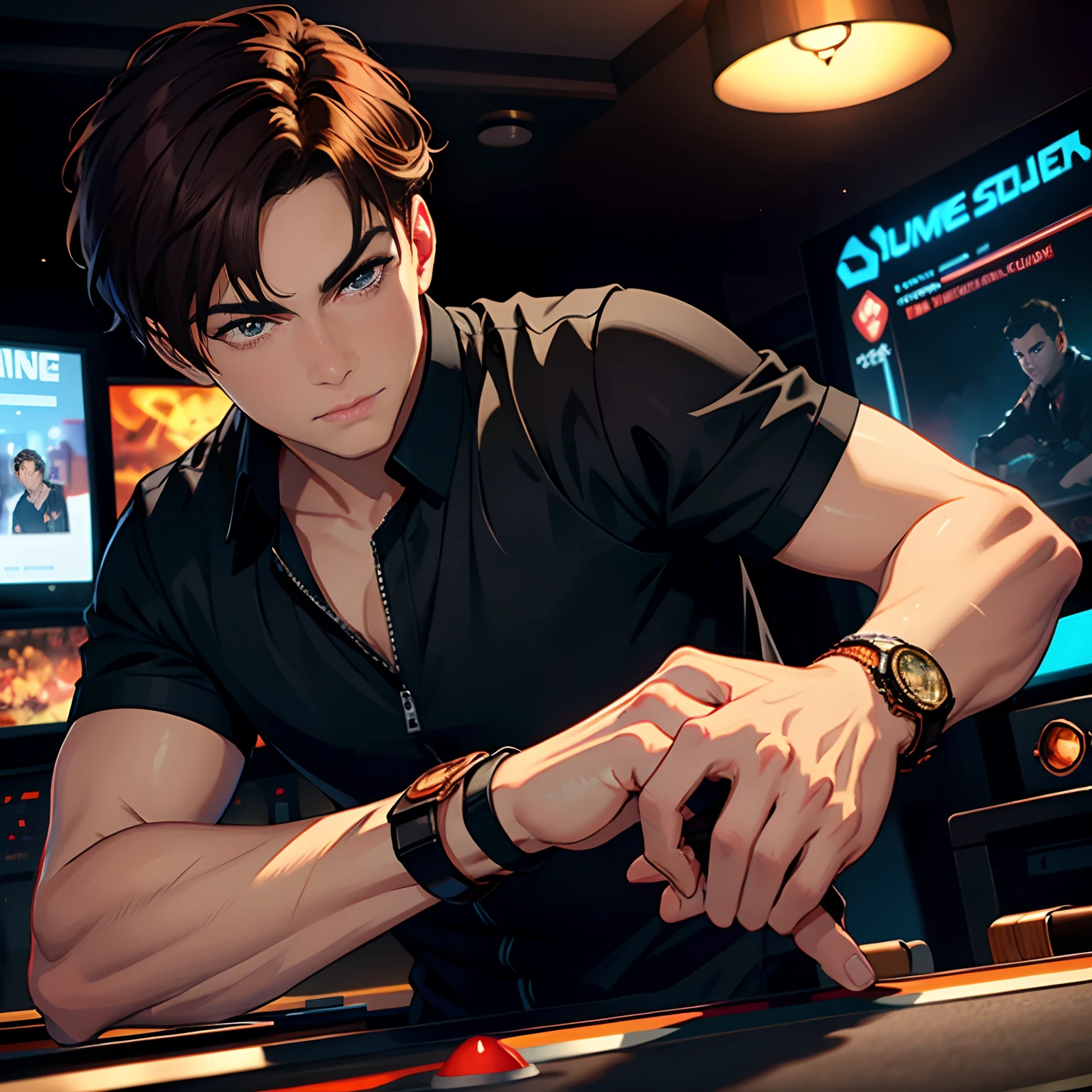 A handsome young man with brown hair，wearing black clothes，A conspicuous copper ring is worn on the wrist, In the background is a games room
