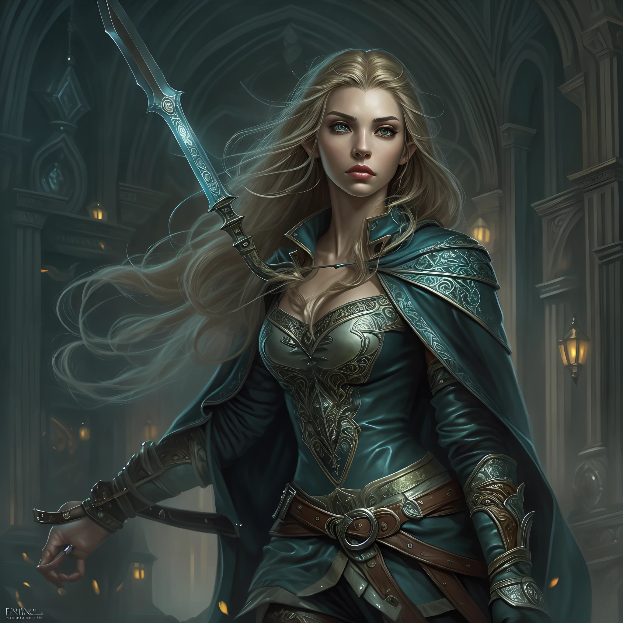 a picture of a female elf (intense details, Masterpiece, best quality: 1.5) fantasy swashbuckler, fantasy fencer, armed with a slim sword, shinning sword, metallic shine, colorful clothes, an ultra wide shot, full body (intense details, Masterpiece, best quality: 1.5)epic beautiful female elf (intense details, Masterpiece, best quality: 1.5), [[anatomically correct]],  rich hair, braided hair, long hair, small pointed ears, fantasy urban street (intense details, Masterpiece, best quality: 1.5),  purple cloak  (intense details, Masterpiece, best quality: 1.5), long cloak (intense details, Masterpiece, best quality: 1.5), elven leather armor (intense details, Masterpiece, best quality: 1.5) sense of daring, sense of adventure, controlling a swirling radiant magic runes (1.5 intricate details, Masterpiece, best quality), manipulating magical runes (intense details, Masterpiece, best quality: 1.5) high details, best quality, 8k, [ultra detailed], masterpiece, best quality, (extremely detailed), dynamic angle, ultra wide shot, photorealistic, RAW, fantasy art, dnd art, fantasy art, realistic art,