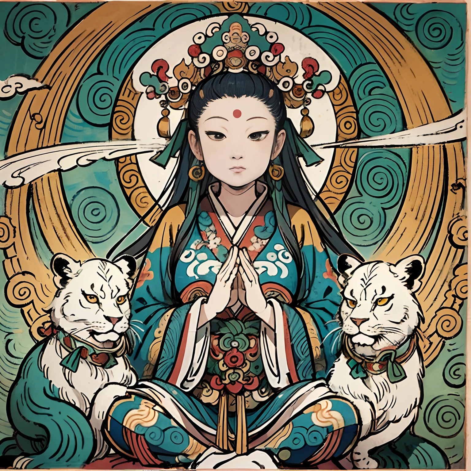 an ancient Chinese goddess, guanyin of the southern seas, Guanyin, Inspired by India, Avalokiteshvara rides a lion,,Serene expression,shui mo hua,Buddha,Buddhist,Lotus,Chinese painting style,Thangka style
