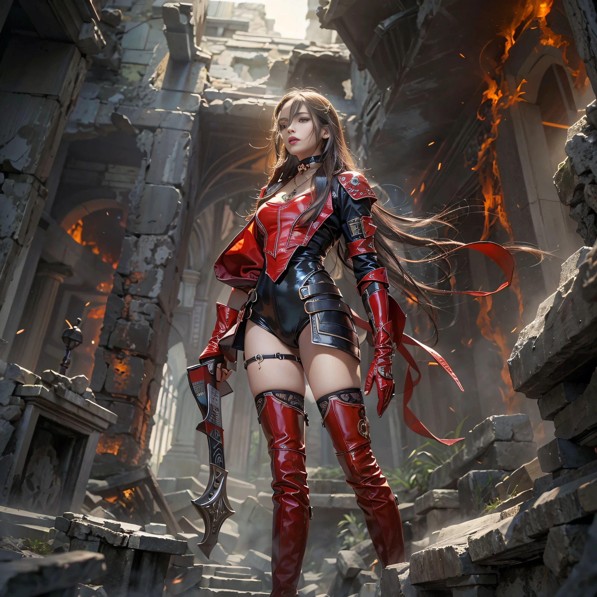 ((masterpiece:1.4)、(top-quality:1.4)、(reallistic:1.7))、Space Warrior、Beauty Warrior、Sexy Daughter、1girl in、latex shiny、Latex bodysuit、By Luis Royo、9、Super Ultra Ultra Bikini、Looking Back Beauty、Outstanding style、Slender Abs、beauty legs、Beautiful ass、A detailed eye、beautidful eyes、Raw photo、red-lips、Red boots、a choker、a necklace、耳Nipple Ring、Combat in the ruins of an ancient city of the planet