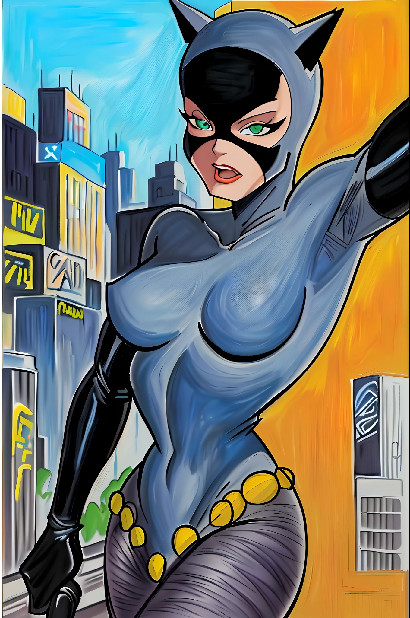 masterpiece, best quality, highres, highest quality, absurdres, catwoman, traditional media, (painting \(medium\)), sharp expressive green eyes, perfect face, wide hips, bodysuit, thick lineart, atmospheric lighting, smooth, beautifully detailed city background, cinematic composition, Joe Madureira