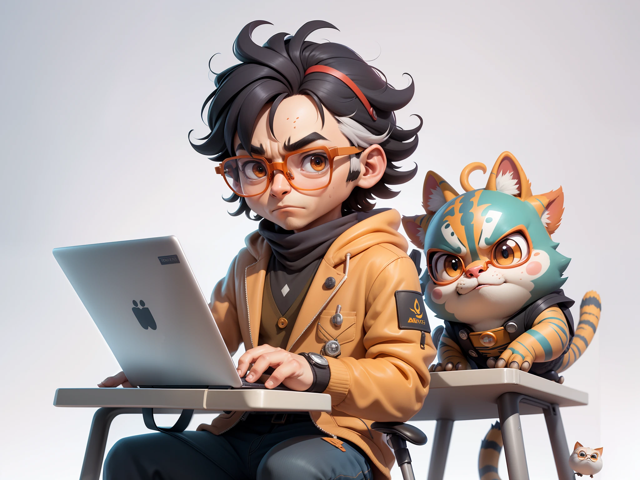 A young man in a suit, Short hair and glasses sat at his desk，holding laptop，digitial painting，tigre，3D character design by Mark Clairen and Pixar and Hayao Miyazaki and Akira Toriyama，4K HD illustration，Very detailed facial features and cartoon-style visuals。