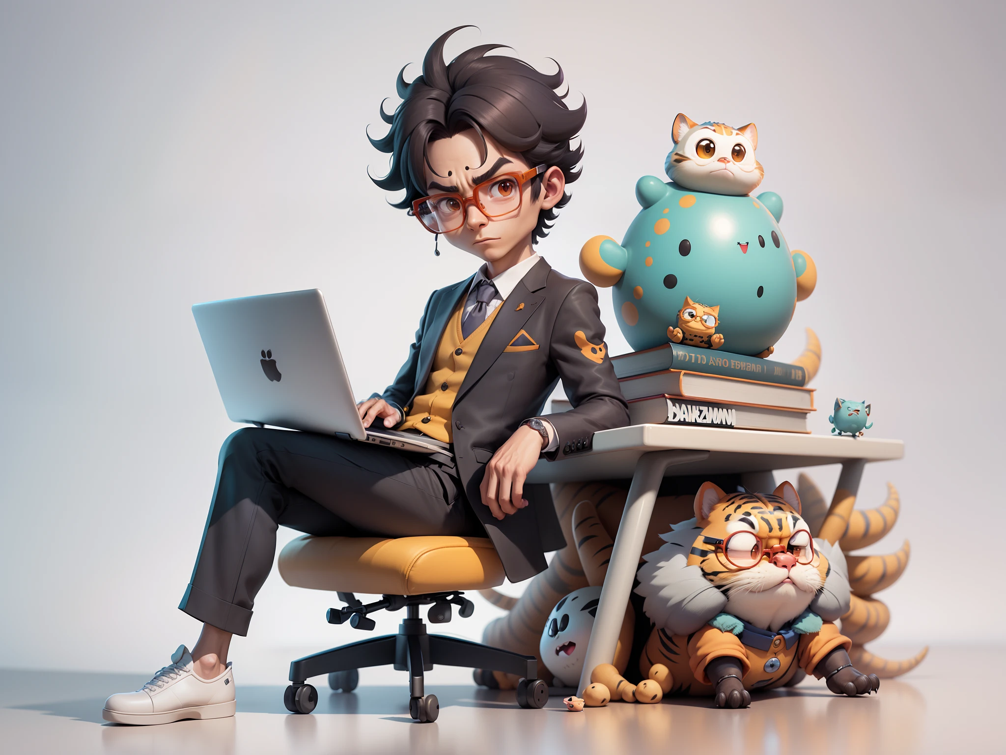 A young man in a suit, Short hair and glasses sat at his desk,holding laptop,digitial painting,tigre,3D character design by Mark Clairen and Pixar and Hayao Miyazaki and Akira Toriyama,4K HD illustration,Very detailed facial features and cartoon-style visuals。