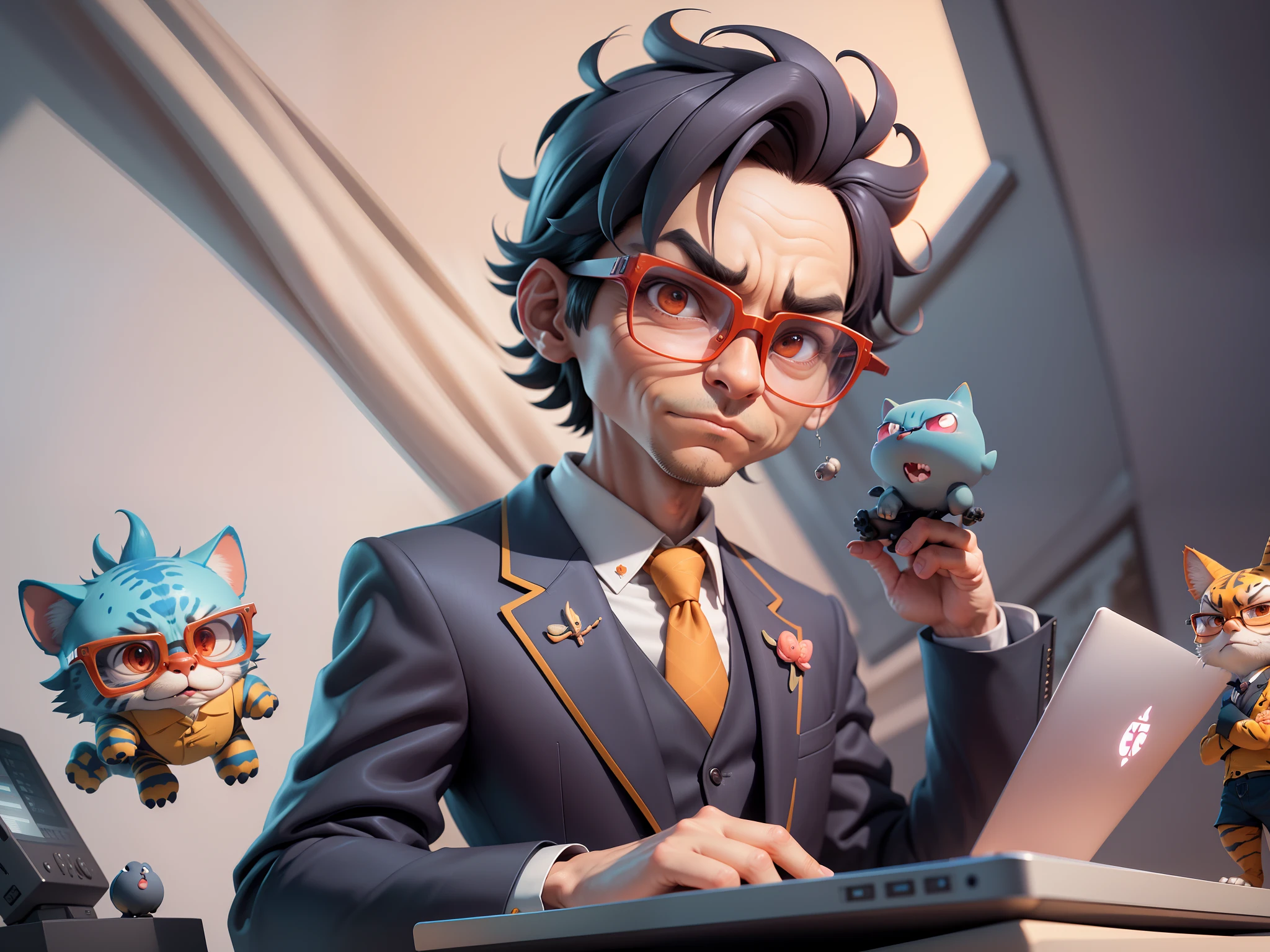 A young man in a suit, Short hair and glasses sat at his desk，holding laptop，digitial painting，tigre，3D character design by Mark Clairen and Pixar and Hayao Miyazaki and Akira Toriyama，4K HD illustration，Very detailed facial features and cartoon-style visuals。