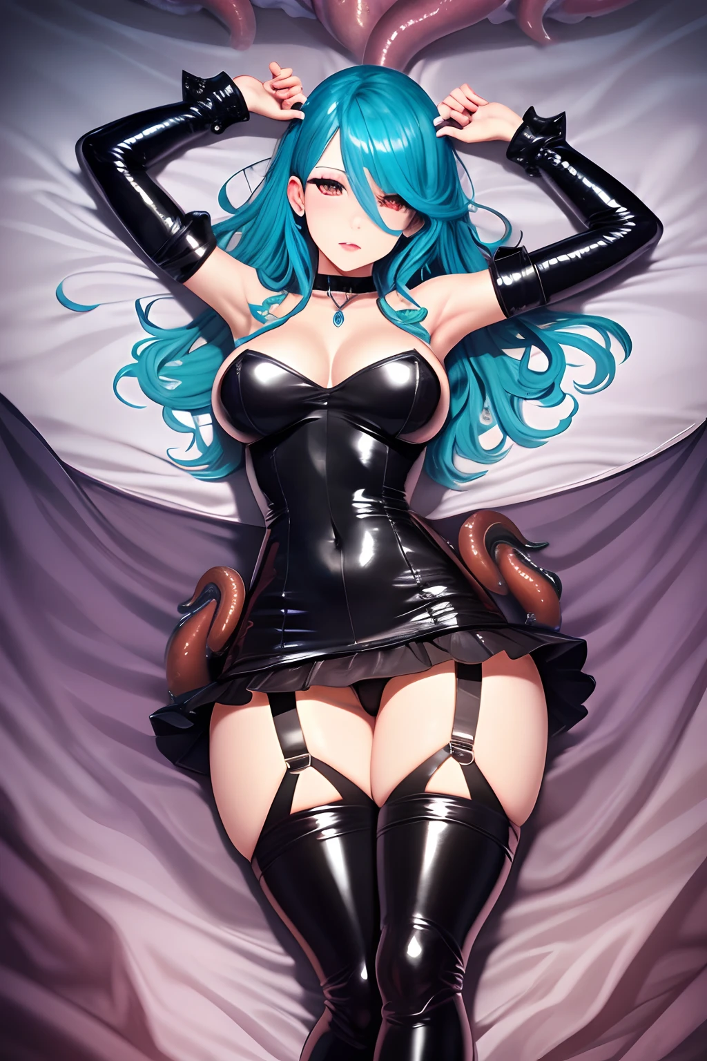 Anime - Style woman posing in latex in a giant octopus hammock with fine details, dark dungeon background, extremely detailed art, Best quality, masterpiece, high detail, most realistic, HD, young woman, perfect figure, seductive anime girl, symmetrical full body rendering, full body, wlop glossy skin, cute and sexy, erotic pose, erotic expression, eyes up, pupils upturned, thick smooth warframe thighs, wearing purple tentacle suit, shot from behind, goth style, latex miniskirt, leather miniskirt, stockings, garter belt, high heels, Stilletoes, high latex boots, choker, leather, leather corsait, latex corsait, princess, noble, latex, bodysuit, corsait, makeup, lipstick, blue hair, hands raised above head, hands Tentacles, wrapped in tentacles, covered with tentacles, gross tentacles, discusting tentacles, covered in slime, sweating, around the tentacles, some tentacles are touching her, tentacles, tentacle monsters, tentacles, slime, hybridization, mating, snapping, eighteen forbidden, damp black translucent mucus, squirming tentacles, , sucking tentacle, sucks octopus tentacle, --auto --s2