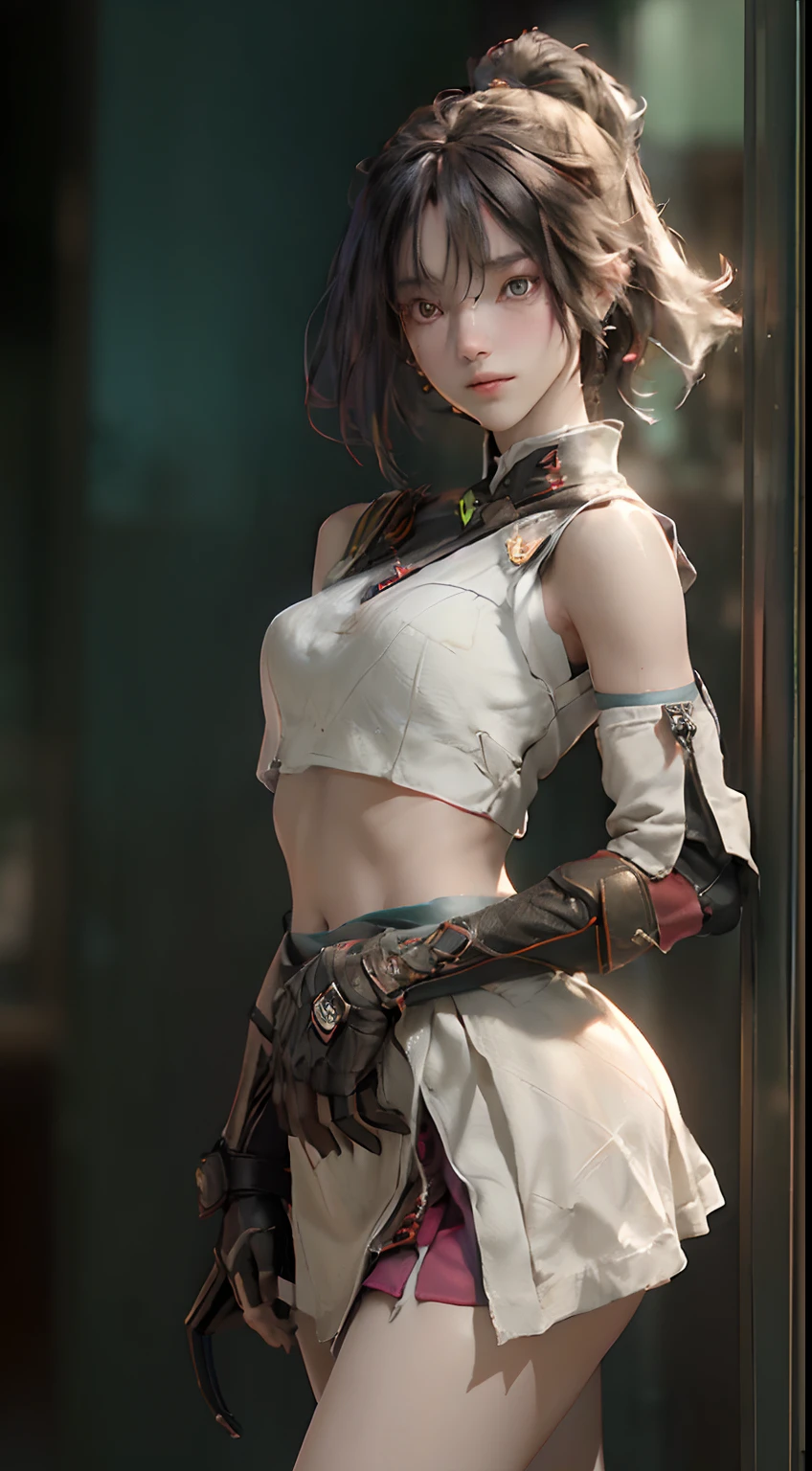 (top-quality), ((​masterpiece), (detaileds: 1.4), 3D, Beautiful Japan girl, nffsw(HighDynamicRange), Ray traching, NVIDIA RTX, Hyper-Resolution, Unreal 5, Sub-surface scattering, PBR Texture, Postprocess, Anisotropy Filtering, depth of fields, Maximum Sharpness and Clarity, Multilayer Texture, Albedo and Highlight Maps, Surface Shading, Accurate simulation of light-material interactions, perfectly proportions, Smaller chest、Octane Render, Two-color light, Large aperture, Low ISO、White Balance、thirds rule、8K Raw、nudde、off shoulders、croptop、a miniskirt、Transparent costume、open waist、a miniskirt//、Very short and colorful graffiti on the shoulder、hand armor、