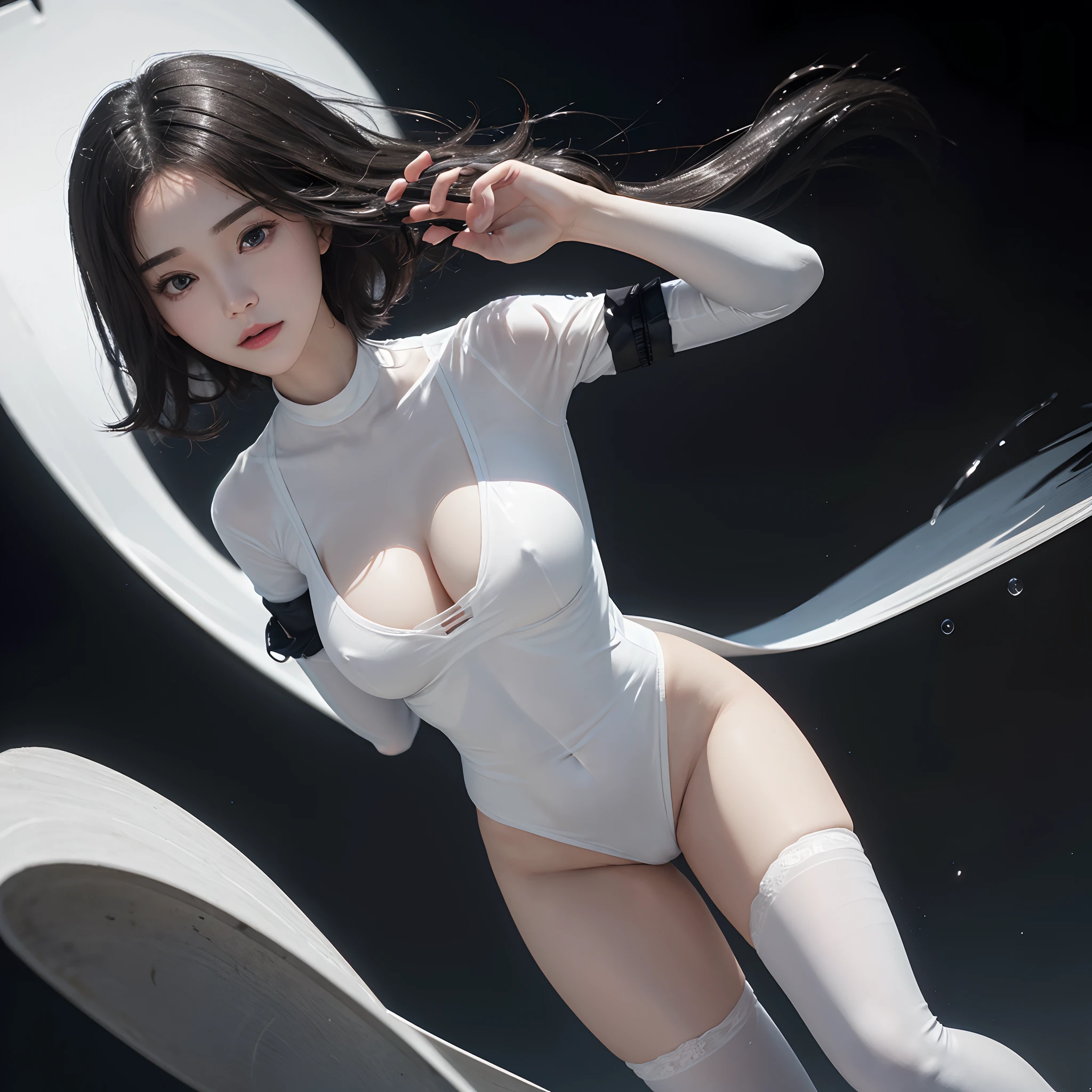 ((NSFWSTILLSHOW))、no extra arm:2、no extra hand:2、no extra leg:2、((solo 1girl))、{full length|Full height|all-fours|Half squatting|Flying|Jumpping|Ass focus、looking ahead}、{Wide Shot:1.5|Drone view|OverHeadShot|From below:1.5}、(wetted Porcelain skin、Wetted White skinny bodysuit)、Very thin and soft fabric、wetted face、{wetted hair|Floating hair|Shiny hair|Black hair|Blonde hair|Silver hair|Short Bob|Half Up|Curly hair}、Detailed Clear Nipples、detailed crotch、(The shape of the pubic area is Clearly Visible:1.2)、ass visible through thighs:1.3、Nipple shadow、(masterpiece, Best quality)、(((Photorealsitic:1.37)))、(BokeH)、smooth shading、({childish|Gigantic cleavage:1.37})、((((detailed beautiful face))))、Darkbackground、neons、zydG、high collar、elbow_gloves、Floating in the SPACE、Blue Earth、{dreamlike|creative refinement}、