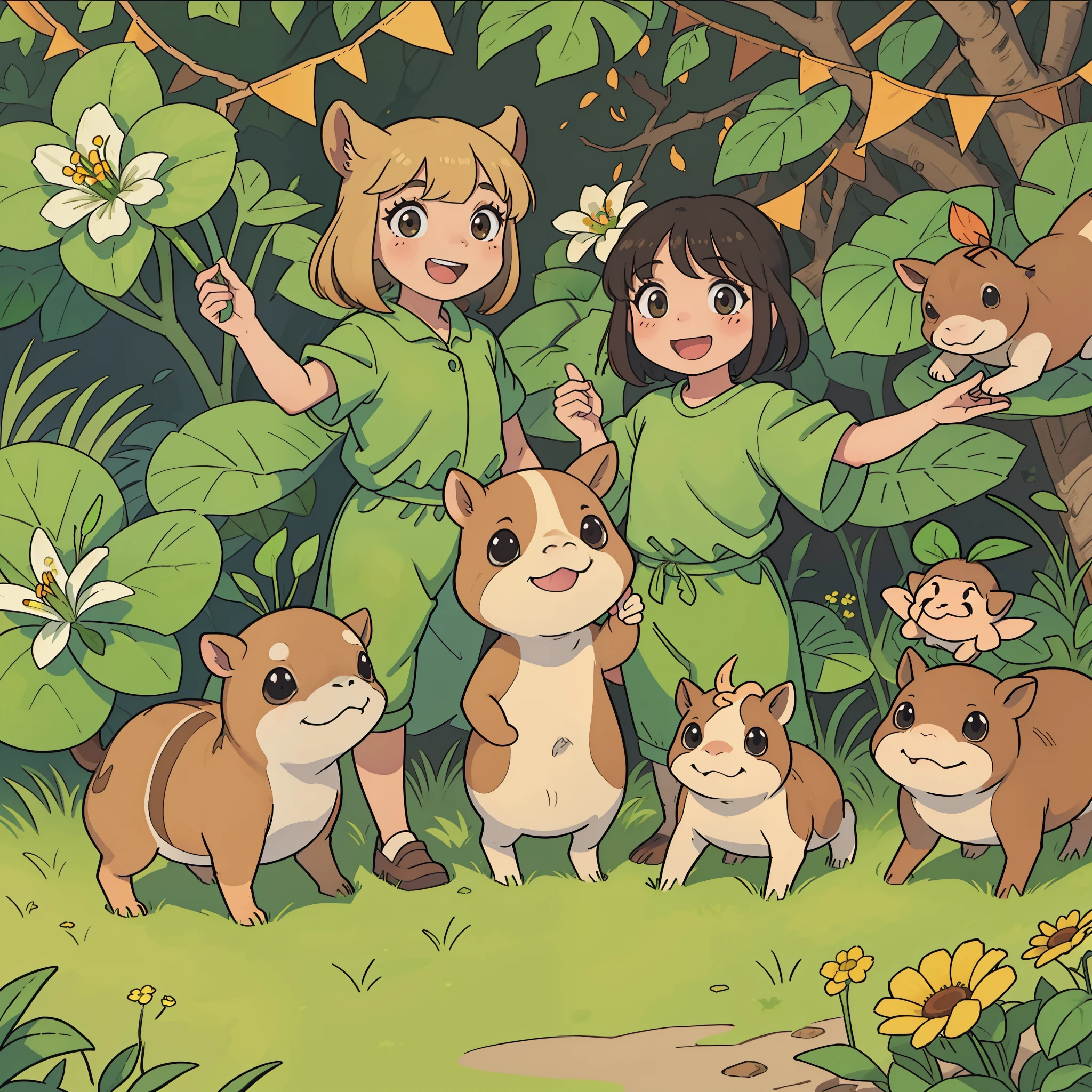 1 adesivo, manual, capivara, futurista, Feliz, alegre sorrindo, na floresta, muitas folhas verdes, flores diversas