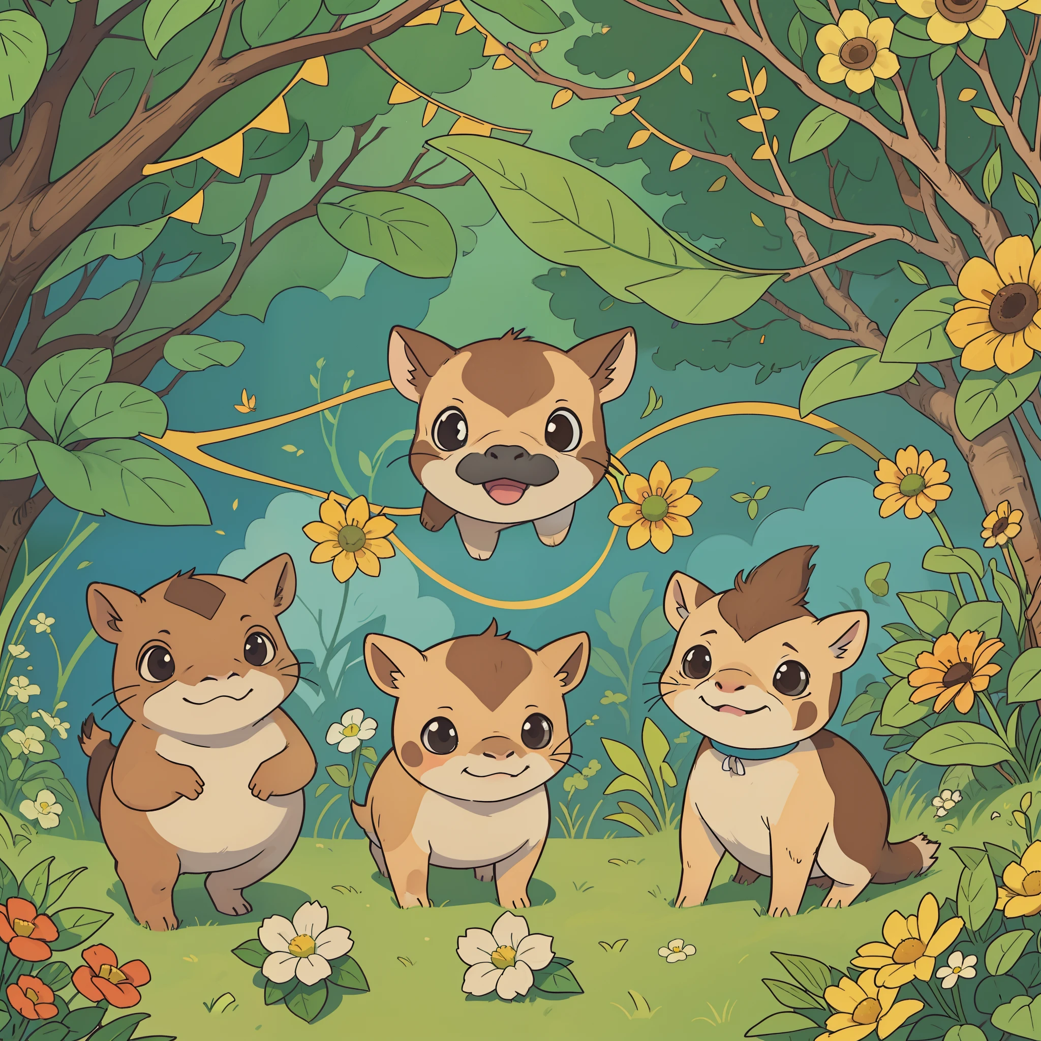 1 adesivo, manual, capivara, futurista, Feliz, alegre sorrindo, na floresta, muitas folhas verdes, flores diversas