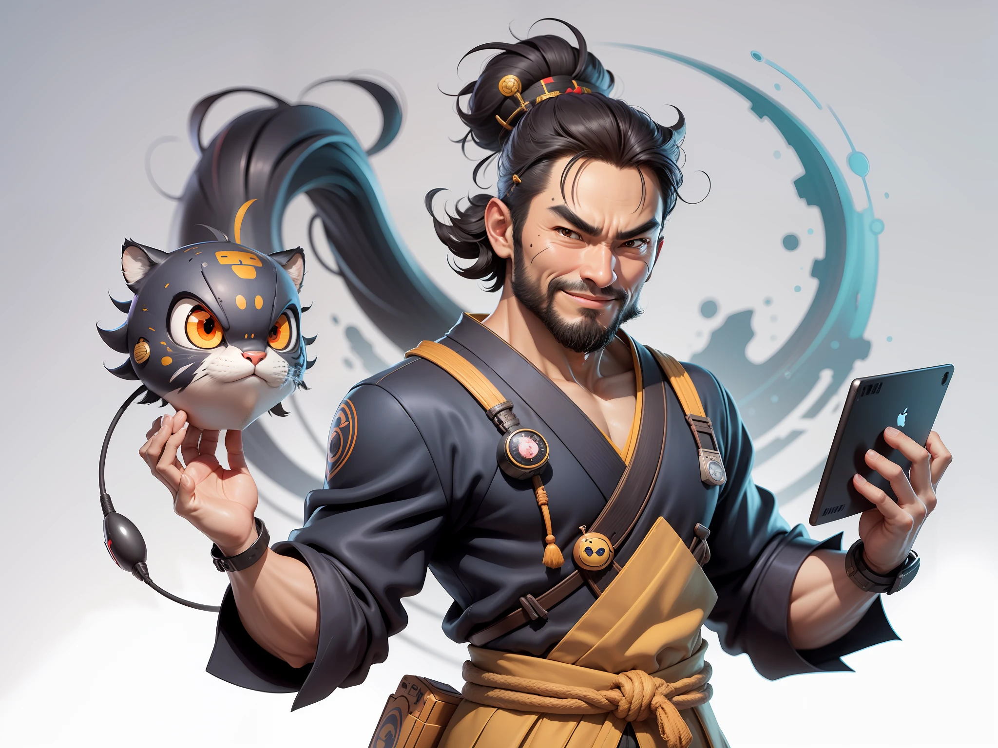 (Daisaku),(Need),(Super meticulous),(full bodyesbian:1.2),Super young man with Japanese geisha,Beautiful,orient,one tiger,Aeolian Thor,Raised sexy,爆乳,Oriental face,TV Anchor,Bust portrait illustration,In black suit,a blue tie,The face is slightly chubby,The face was clean,without a beard,Black super short hair,Black eyes,Smile confidently,3C computer sub-products,iPad, iphone,Digital painting,3D character design by Mark Clairen and Pixar and Hayao Miyazaki and Akira Toriyama,The illustration is a high-definition illustration in 4K resolution,With very detailed facial features and cartoon-style visuals。