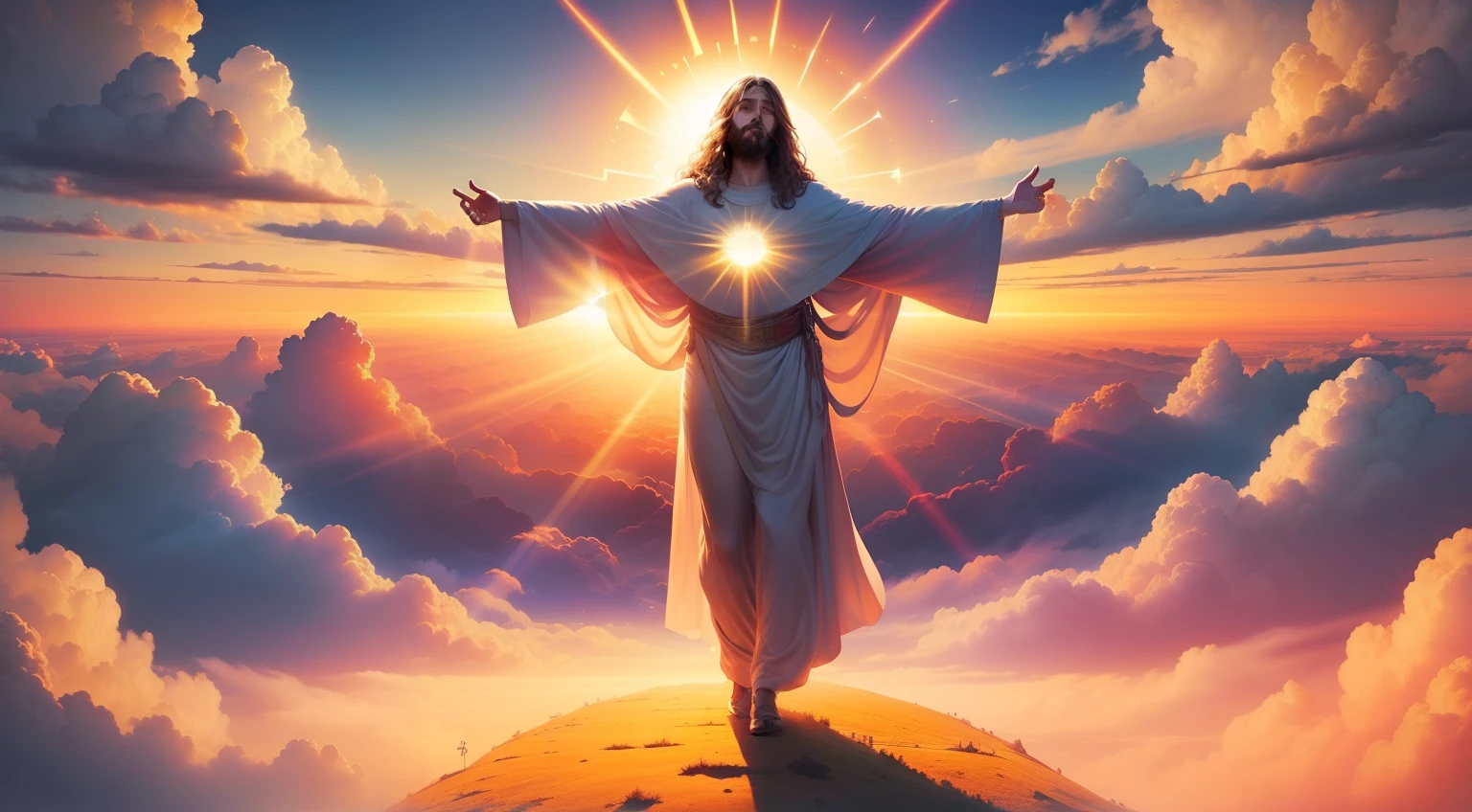 jesus christ realistic holy fantasy effect heaven on earth gold sun ray dreamworld colourful clouds and dreamy scene