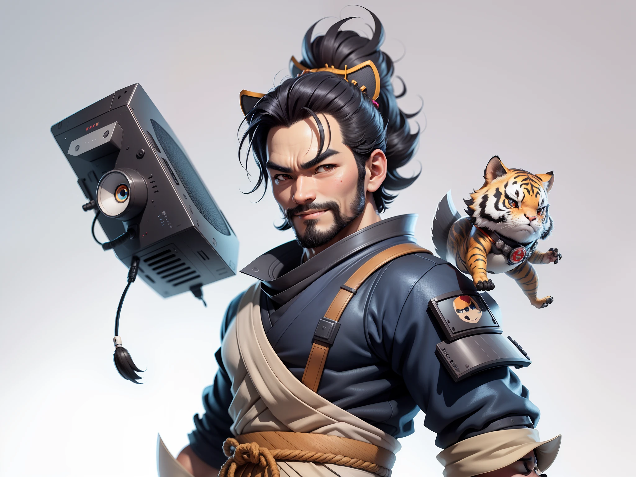 (Daisaku),(Need),(Super meticulous),(full bodyesbian:1.2),Super young man with Japanese geisha,Beautiful,orient,one tiger,Aeolian Thor,Raised sexy,爆乳,Oriental face,TV Anchor,Bust portrait illustration,In black suit,a blue tie,The face is slightly chubby,The face was clean,without a beard,Black super short hair,Black eyes,Smile confidently,3C computer sub-products,iPad, iphone,Digital painting,3D character design by Mark Clairen and Pixar and Hayao Miyazaki and Akira Toriyama,The illustration is a high-definition illustration in 4K resolution,With very detailed facial features and cartoon-style visuals。