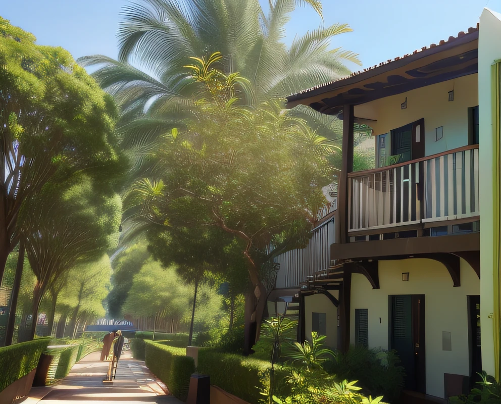 trees and bushes line the pathway to a building with a balcony, outside view, lush surroundings, exterior shot, frontview, exterior, outside, exterior view, resort, vibrant greenery outside, malika favre, with palm trees in the back, a green, in marijuanas gardens, centre image, side-view, side - view, front side, porches, turn into artwork realistic