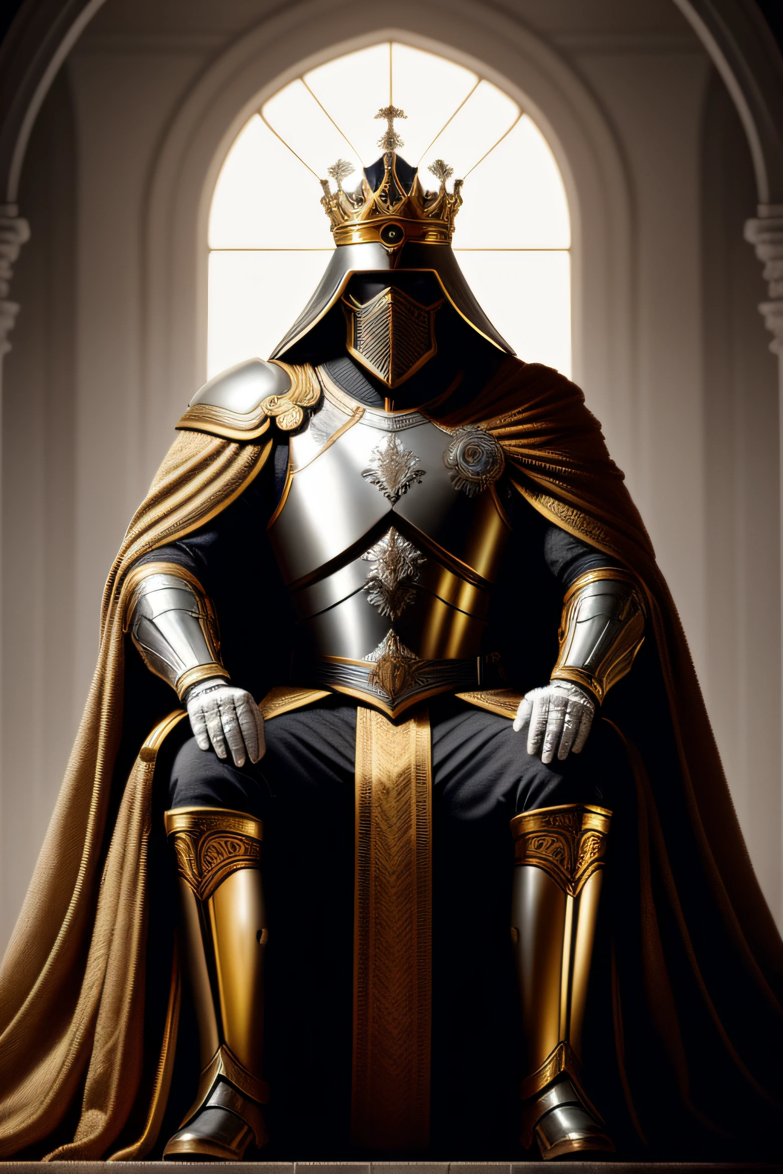 melhor qualidade, 500px, cgsociety, 8k, foto bruta de (bonito: 1.2) rei humano, vestir coroa do rei, armadura do rei, 40yo, barba, no castelo, corpo inteiro, luz ambiente, luz de fundo, volumeric lighting, realista, lifelike lighting, cinematic lighthing, profundidade de campo, foco nítido, (alto contraste: 1.2), (grain of film) This king is sitting on his throne in an apprehensive and thinking environment image with dimensions for cover of Youtube and Facebook