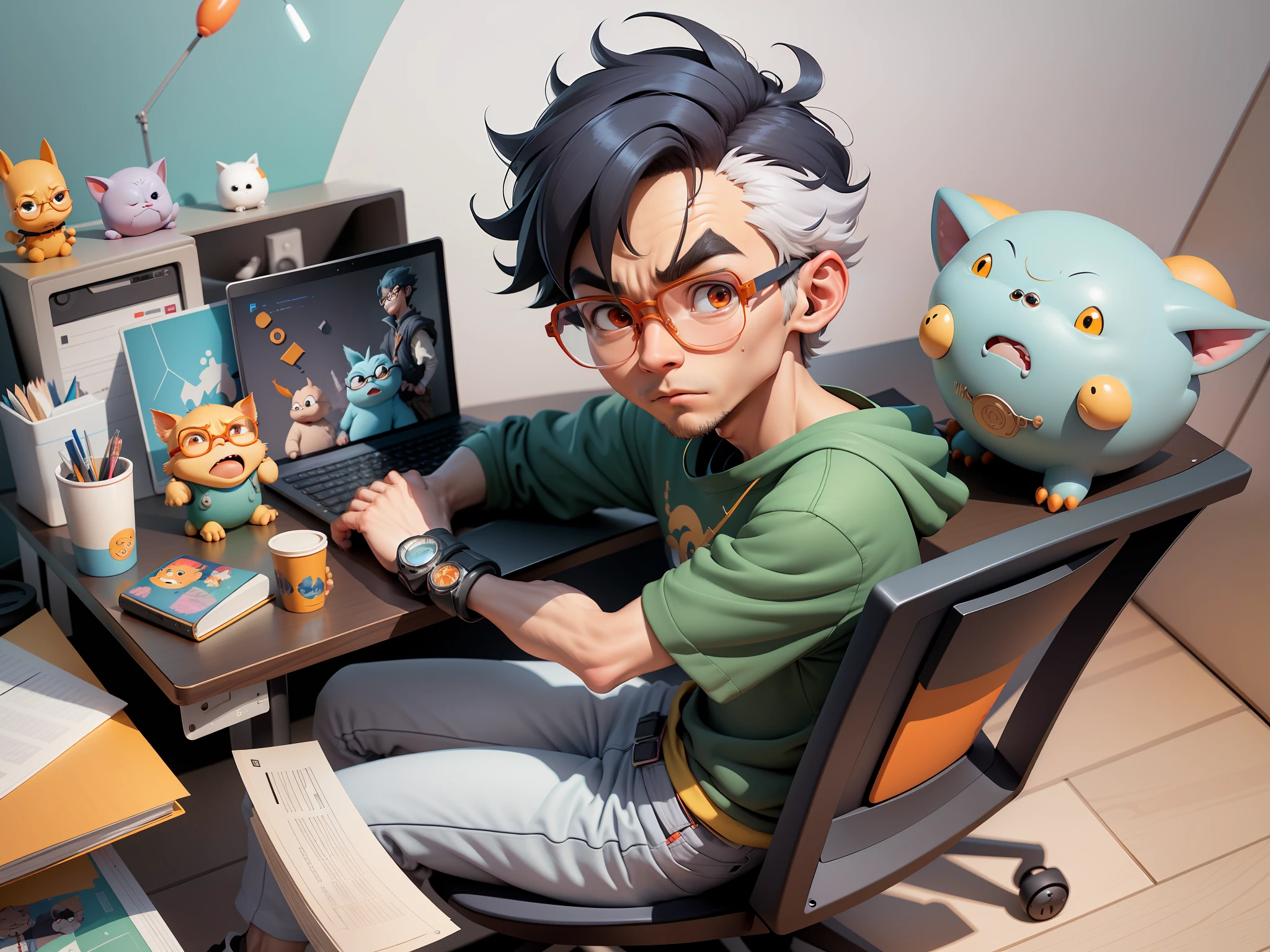 A young man with glasses sits at his desk，holding laptop，digitial painting，3D character design by Mark Clairen and Pixar and Hayao Miyazaki and Akira Toriyama，4K HD illustration，Very detailed facial features and cartoon-style visuals。