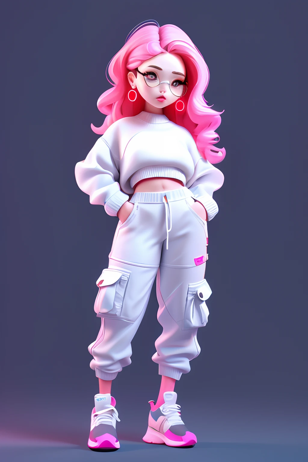 3dcharacter,chubby girl , wavy neon hair, wearing earrings, crop top sweater , long cargo pants, (full body:1.2),simple background, masterpiece,best quality,(white background:1.1)