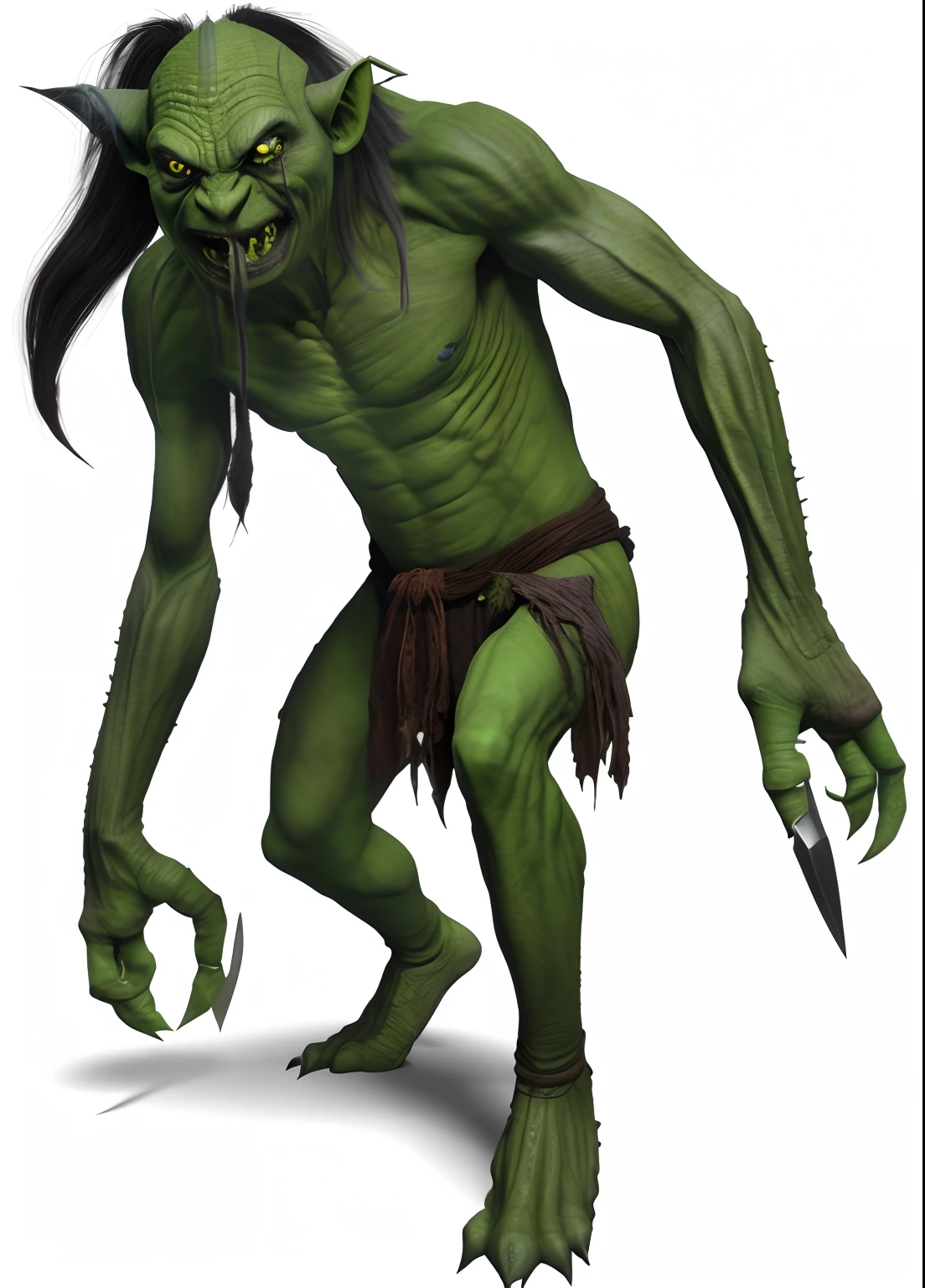 a close up of a green troll with a knife and a knife in his hand, troll, green orc female, the hobbit orc concept, orc, gollum as a titan, an orc, drak fantasy goblin, photo of demon gollum, ocatne render, orc merged with vines, ogre, humanoid creature, murky, goblin, madness creature, realistic, 8k