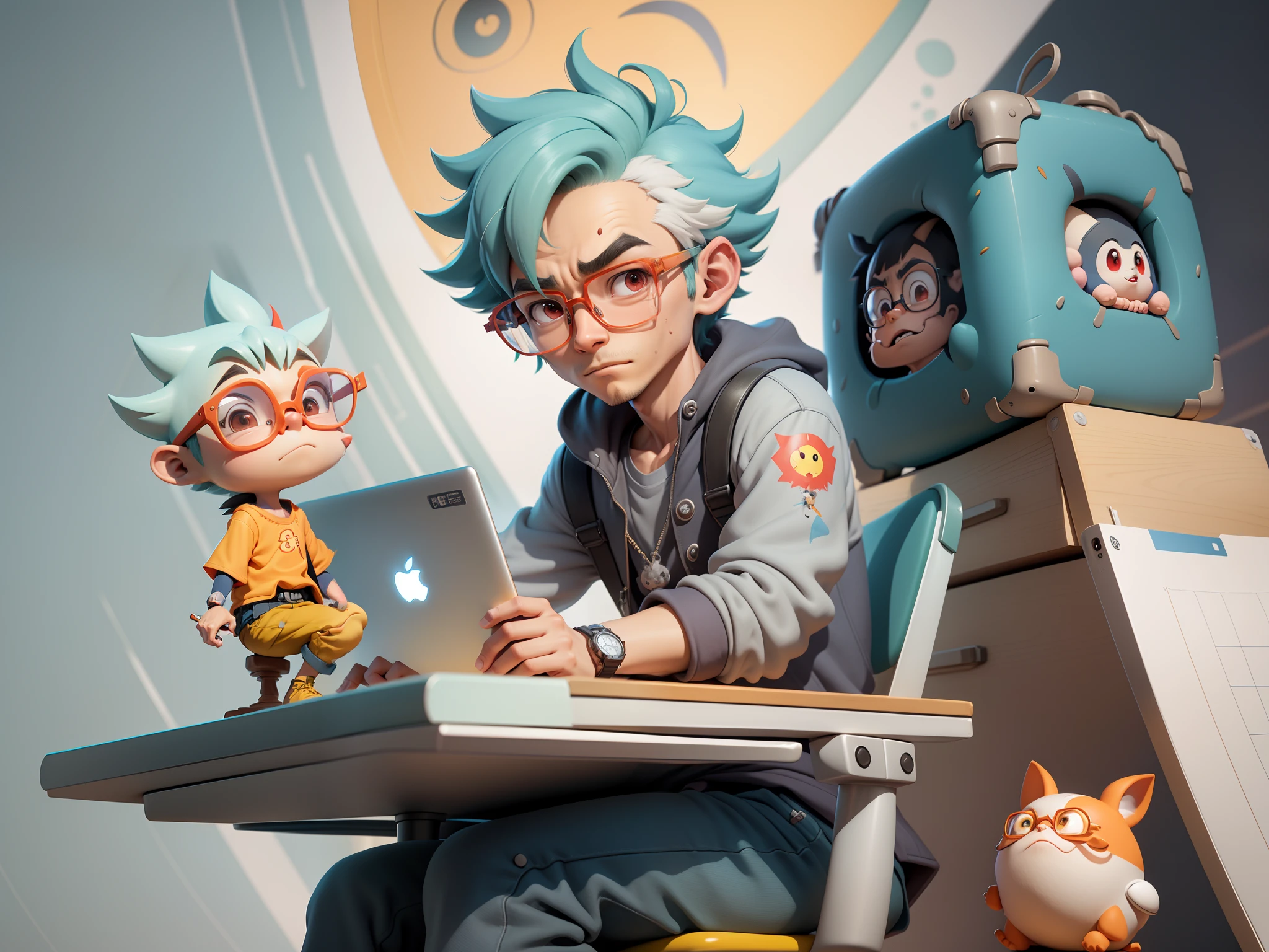 A young man with glasses sits at his desk,holding laptop,digitial painting,3D character design by Mark Clairen and Pixar and Hayao Miyazaki and Akira Toriyama,4K HD illustration,Very detailed facial features and cartoon-style visuals。