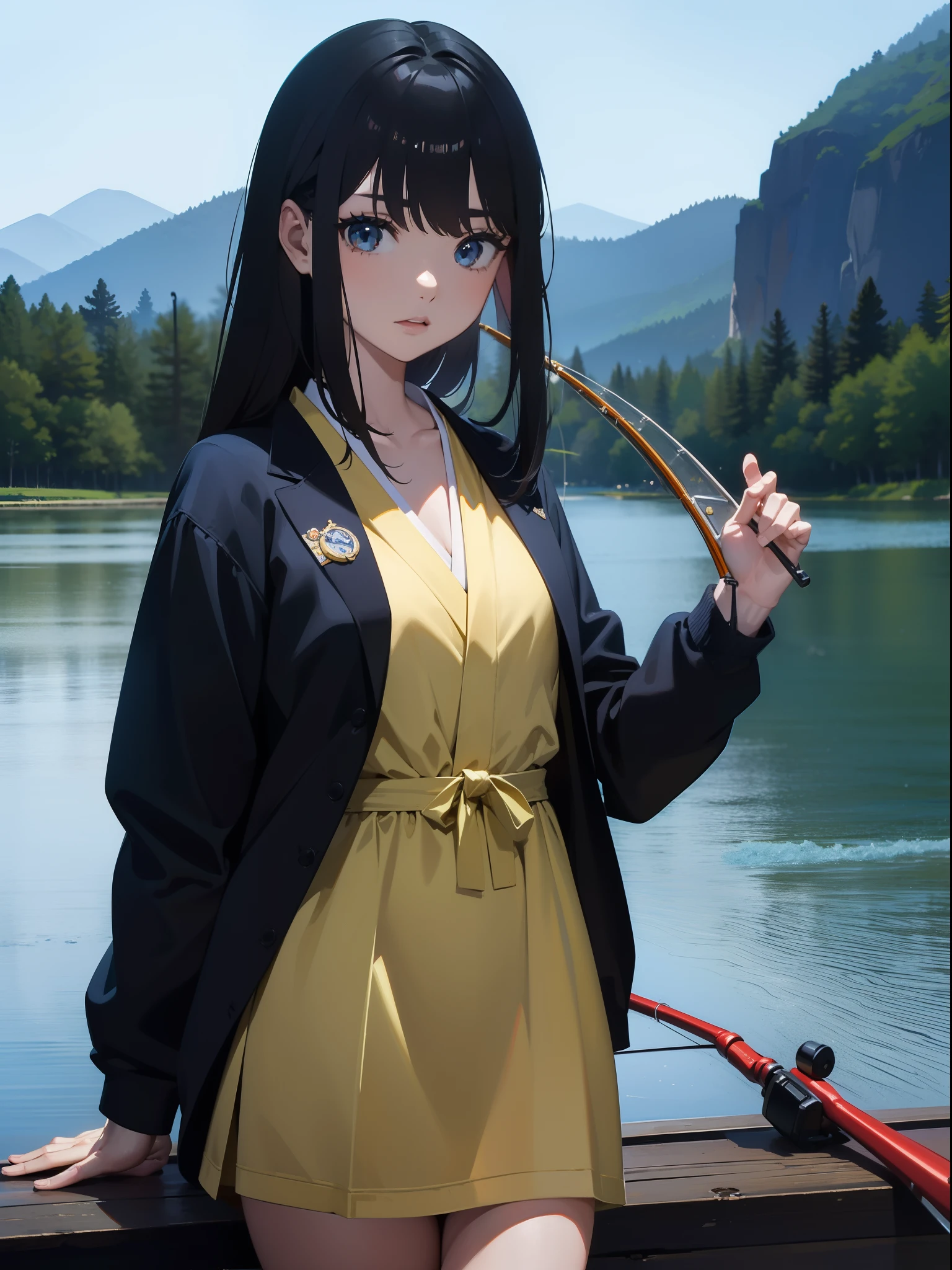 ((((holding a fishing rod by the lake)))),((Best Quality, masutepiece :1.3)),hight resolution,ultra-detailliert,Official art,Beauty and aesthetics,masterpiece,best qualtiy,ighly detailed,1 japanese girl,Black hair, long eyeslashes, Solid Circle Eyes, deadpan, drop shadow, Atmospheric perspective,Super Detail, ccurate, Best Quality, small tits,Black jacket,