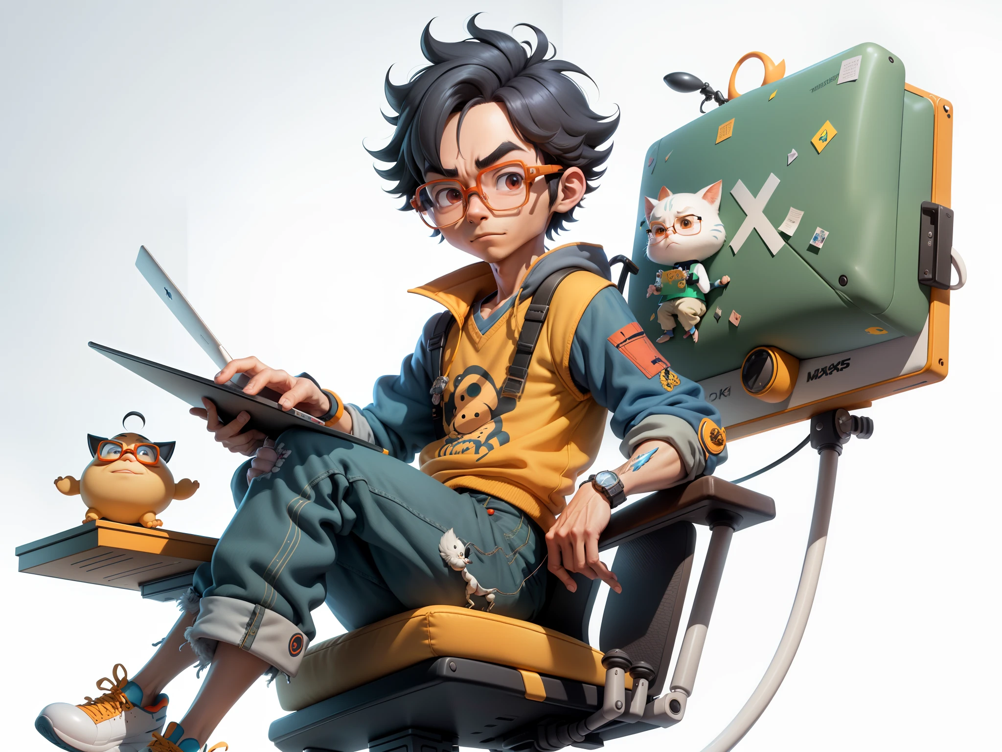 A young man with glasses sits at his desk,holding laptop,digitial painting,3D character design by Mark Clairen and Pixar and Hayao Miyazaki and Akira Toriyama,4K HD illustration,Very detailed facial features and cartoon-style visuals。