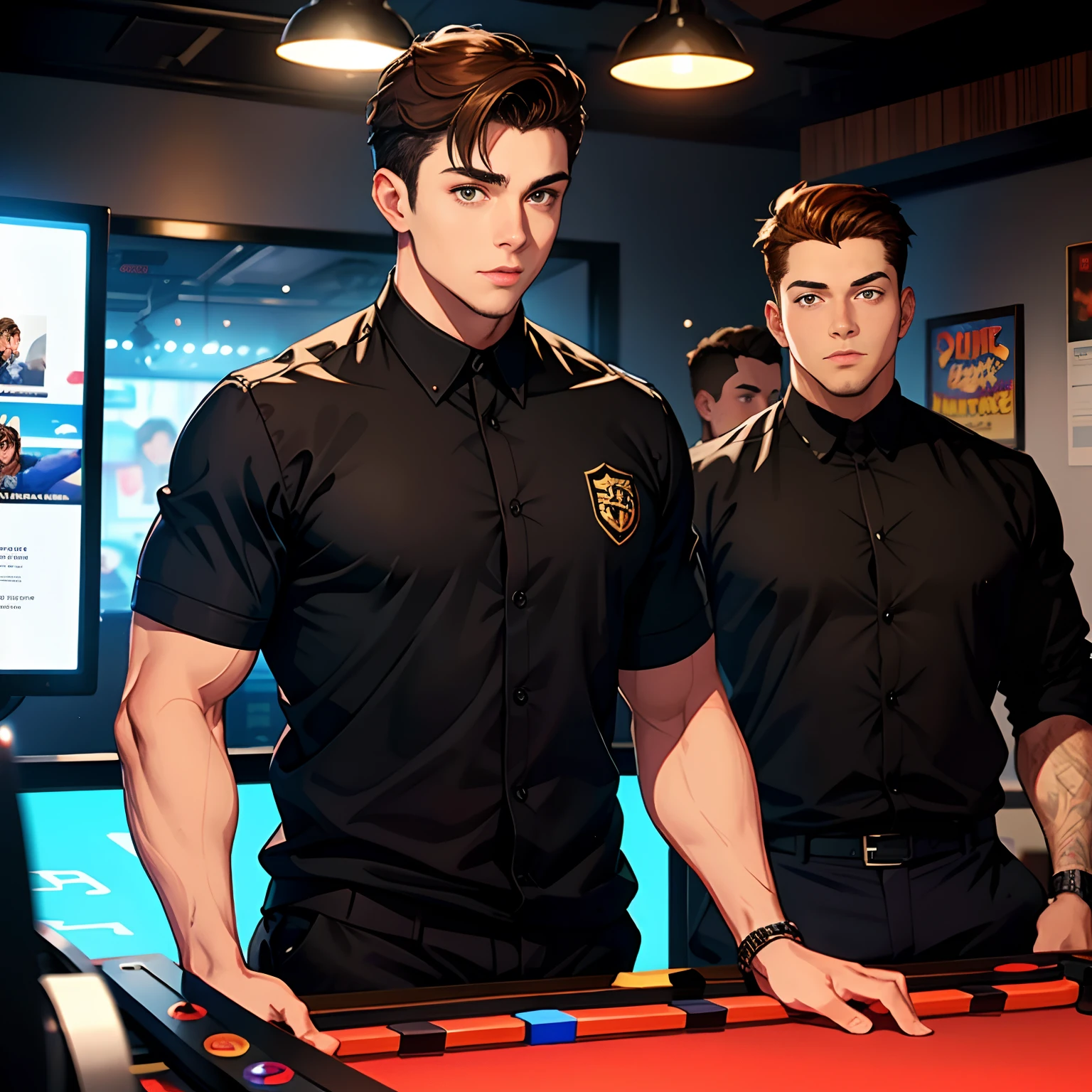 A handsome young man with brown hair,wearing black clothes,Stand with burly youth,In the background is a games room