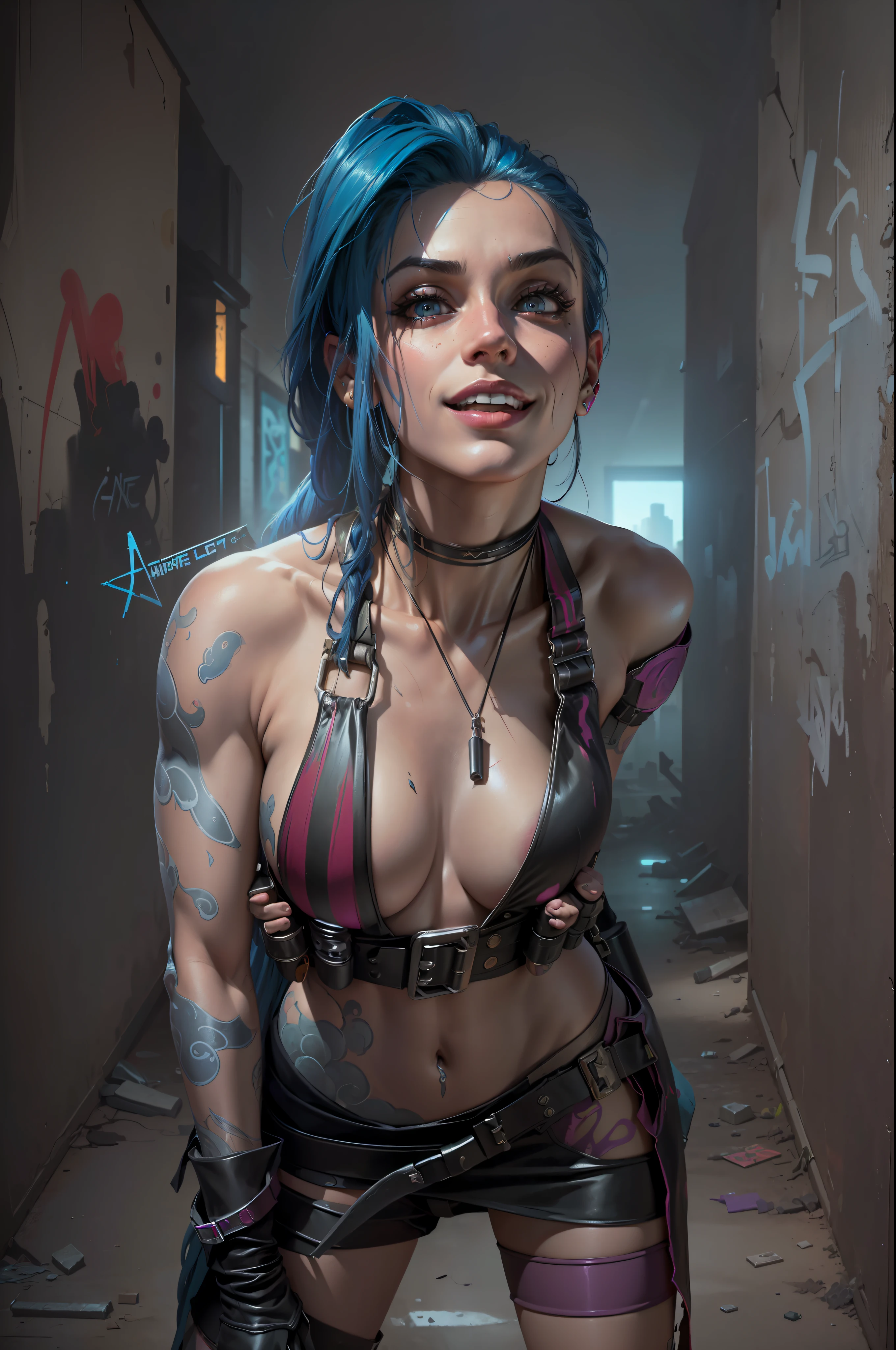 ((Best quality)), ((masterpiece)), (highly detailed:1.3), arcane style, comic style + hyper-realistic oil painting, full cinematic poster of Jinx from Acane in dynamic pose, Big smile. highly detailed, detailed face, realistic, Hot body, Nice boobs, NSFW. Background Dystopian and abandoned environment with graffiti on the walls at night , vibrant colors. Unreal engine 5