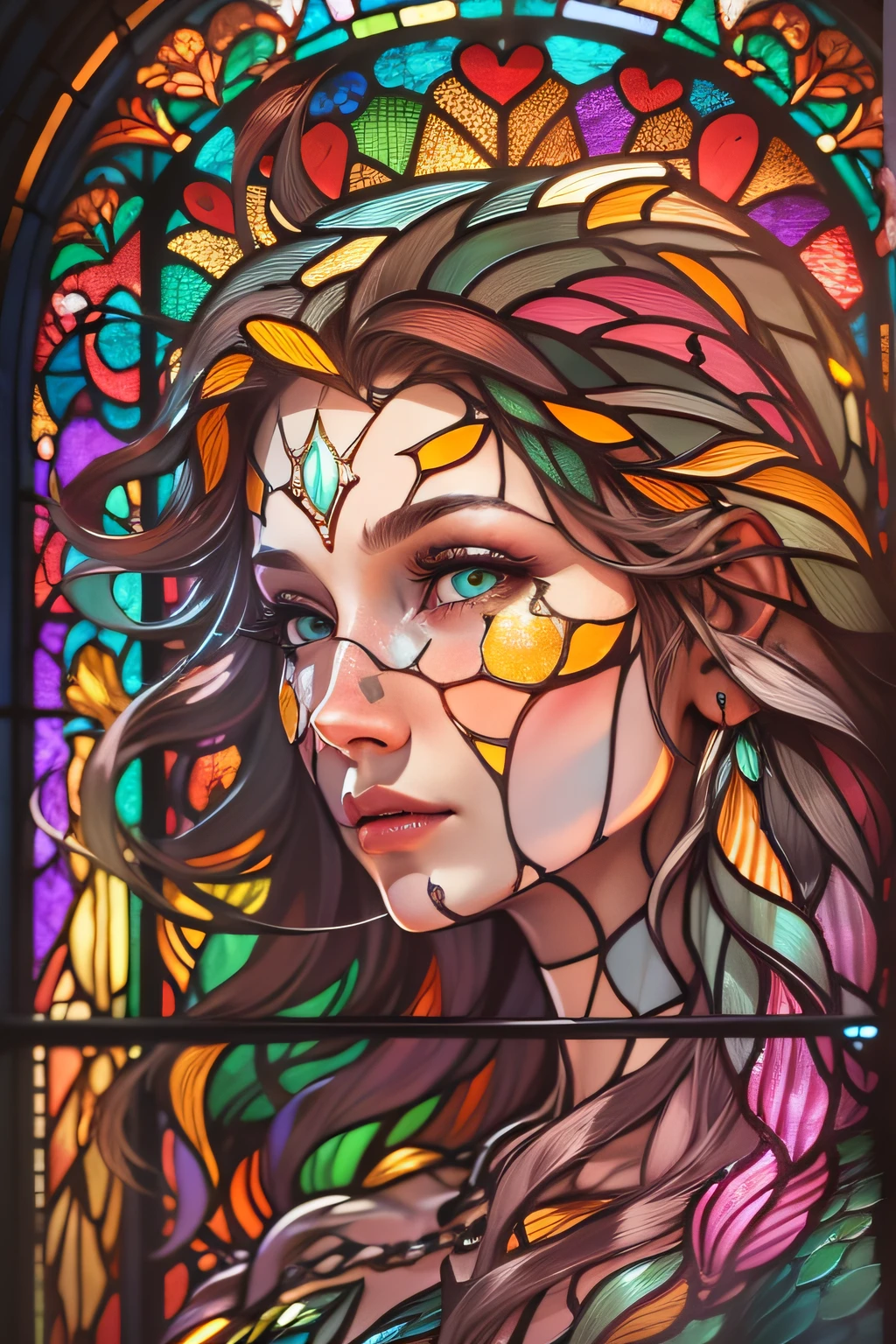 The stained glass of mermaids in the style of modern, Alphonse Mukha, James Gene, Erin Hanson, hyperedetalization, backlight, perfect symmetrical eyes, magnificent face --seed 2697927533