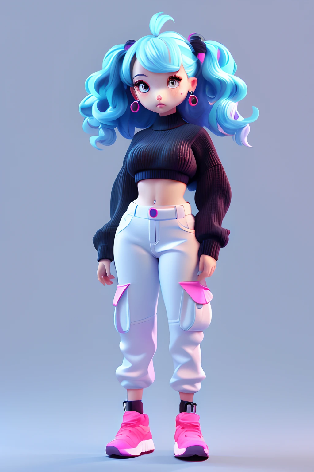 3dcharacter,chubby girl , wavy neon hair, wearing earrings, crop top sweater , long cargo pants, (full body:1.2),simple background, masterpiece,best quality,(white background:1.1)