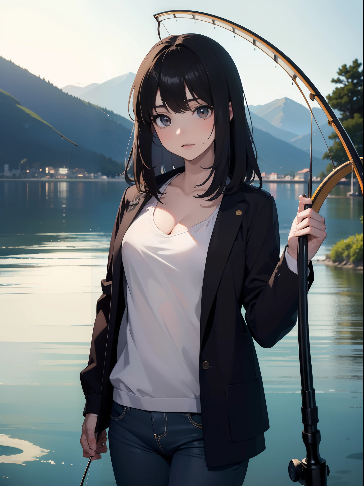 ((((holding a fishing rod by the lake)))),((Best Quality, masutepiece :1.3)),hight resolution,ultra-detailliert,Official art,Beauty and aesthetics,masterpiece,best qualtiy,ighly detailed,1 japanese girl,Black hair, long eyeslashes, Solid Circle Eyes, deadpan, drop shadow, Atmospheric perspective,Super Detail, ccurate, Best Quality, small tits,Black jacket,