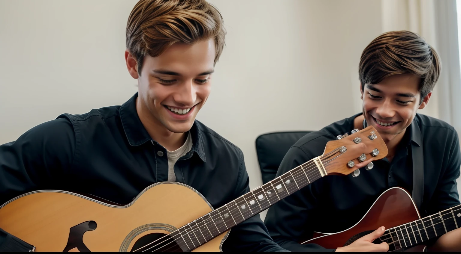 Lucas smiling as he interacts with others while playing guitar