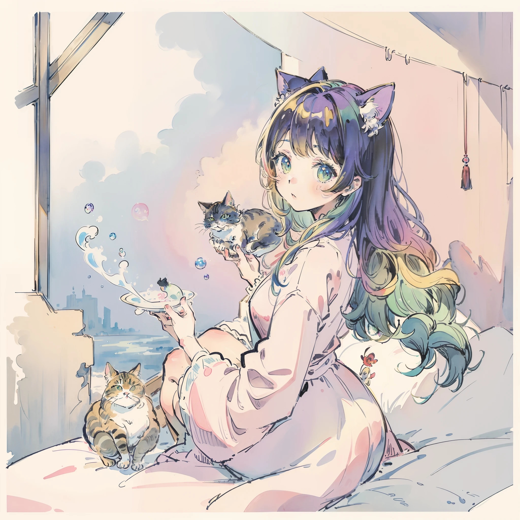 Yumekawa 、Cute as a dream、I have a cat(Cute kitten)rot(masterpiece、top-quality、top-quality、watercolor paiting(Curly)、(Take a cute cat 1.2)、Official art、Beautifully Aesthetic:1.2)、(a beauty girl:1.3)、patterns、(rainbow-colored hair、colourful hair:1.2)、Soap bubbles、The castle is in the back、colourfull、Soap bubbles、Hair spreads throughout、kawaii、pastels、Large ribbon、Lovely room、Cat Plush