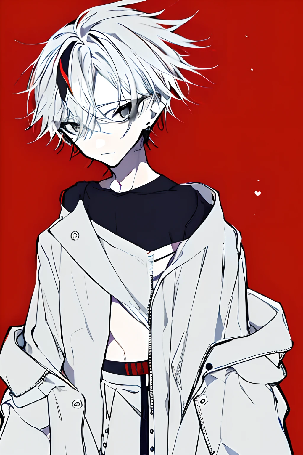 obra-prima, melhor qualidade, original_outfits, 1boy, solo, cabelo preto, Slacks, jaqueta vermelha, logotipo, luvas, brincos vermelhos, off_shoulder, open_jacket, midriff, multicolored_hair, bare_shoulders, helmet_removed, open_clothes, cross_earrings, sem mangas, long_sleeves, no expression, red_background, monocromatic,